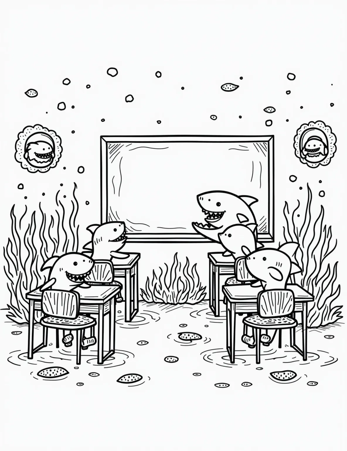 Friendly Shark School -- prompt: "black lines only Playful underwater classroom scene for coloring. Young shark students at seashell desks, teacher shark by coral-framed chalkboard. Sea creatures peek through portholes. Bubbles float, kelp sways. Ocean facts scrawled in fun fonts. Bold outlines, simple shapes for easy coloring. Coloring book style, fun for all ages. flat black lines, premium coloring page, coloring sheet, line drawing, Coloring Book, NO COLOR, NO SHADING, WHITE BACKGROUND. NO GRAY, BLACK AND WHITE, NO COLOR" -- Dive into the world of shark education with this charming coloring page. It features a group of young sharks gathered around a chalkboard, eagerly learning about ocean life. This page is perfect for kids who love marine biology and want to see sharks in a friendly, educational setting.