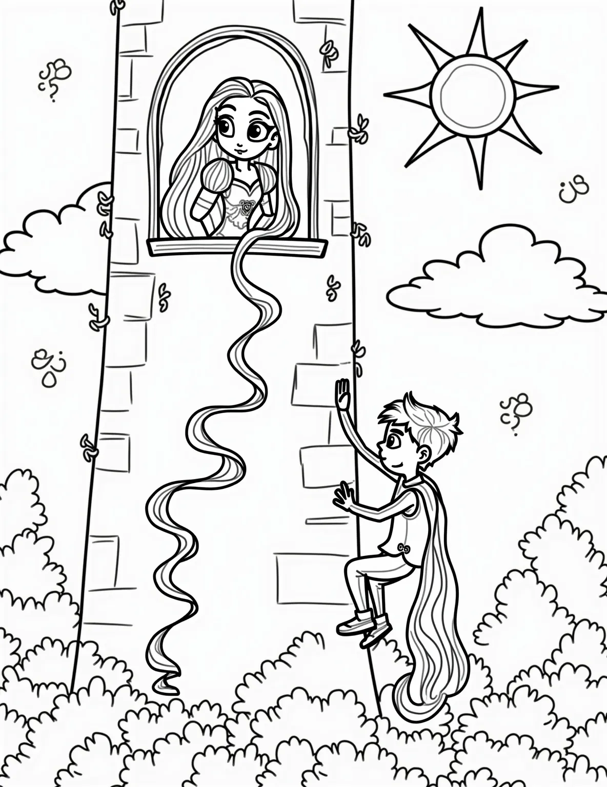 Rapunzel's Tower Escape -- prompt: "black lines only Rapunzel's tower window framed by swirling vines. Her golden braid cascades down, thick black outlines perfect for coloring. Flynn Rider, wide-eyed and grinning, begins his ascent. Fluffy clouds and a cheerful sun surround the scene. Bold, simple shapes invite creativity. flat black lines, premium coloring page, coloring sheet, line drawing, Coloring Book, NO COLOR, NO SHADING, WHITE BACKGROUND. NO GRAY, BLACK AND WHITE, NO COLOR" -- Witness Rapunzel's courageous moment in this exciting coloring page. Our long-haired heroine is shown letting down her golden locks from her tower window, ready for her grand adventure. Pascal, her chameleon friend, watches nervously as Flynn Rider begins his climb.