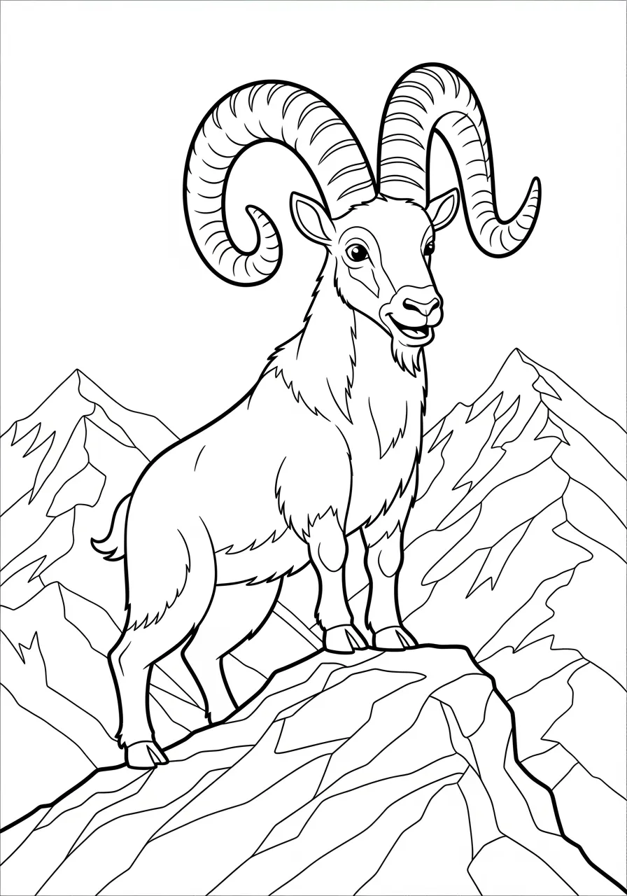 Noble Mountain Goat Cliff Explorer Coloring Page -- prompt: "black lines only Bold mountain goat with curved horns stands proudly on jagged cliff ledge, thick black outlines define muscular body, simplified cartoon features, towering snow-capped peaks behind, clean line art perfect for coloring, cheerful expression radiates adventure spirit flat black lines, premium coloring page, coloring sheet, line drawing, Coloring Book, NO COLOR, NO SHADING, WHITE BACKGROUND. NO GRAY, BLACK AND WHITE, NO COLOR" -- This sure-footed mountain goat navigates steep rocky cliffs with confidence and grace. The detailed rocky terrain and the goat's impressive horns create an adventurous coloring scene. Kids will be amazed learning about these incredible climbers and their mountain habitats.