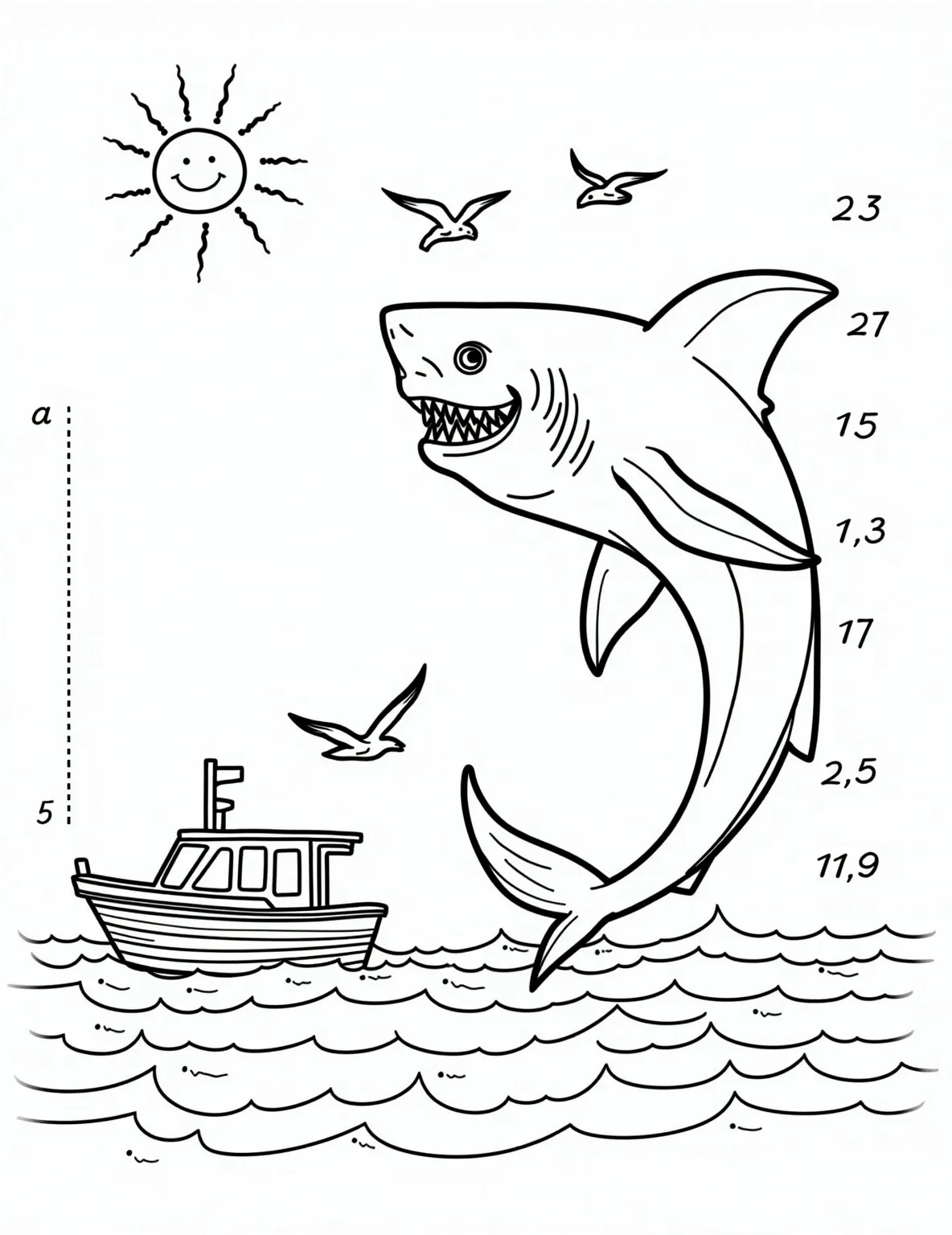 Prehistoric Megalodon Monster -- prompt: "black lines only Colossal Megalodon shark outline dwarfs modern boat, bold black lines perfect for coloring. Playful ocean waves, curious fish, and seagulls surround the scene. Dotted measurements highlight size difference. Cheerful sun peeks from corner, inviting young artists to bring prehistoric wonder to life with vibrant hues. flat black lines, premium coloring page, coloring sheet, line drawing, Coloring Book, NO COLOR, NO SHADING, WHITE BACKGROUND. NO GRAY, BLACK AND WHITE, NO COLOR" -- Travel back in time with this prehistoric Megalodon coloring page. The enormous extinct shark is shown in comparison to modern objects, highlighting its incredible size. It's an exciting page for those fascinated by prehistoric marine life.