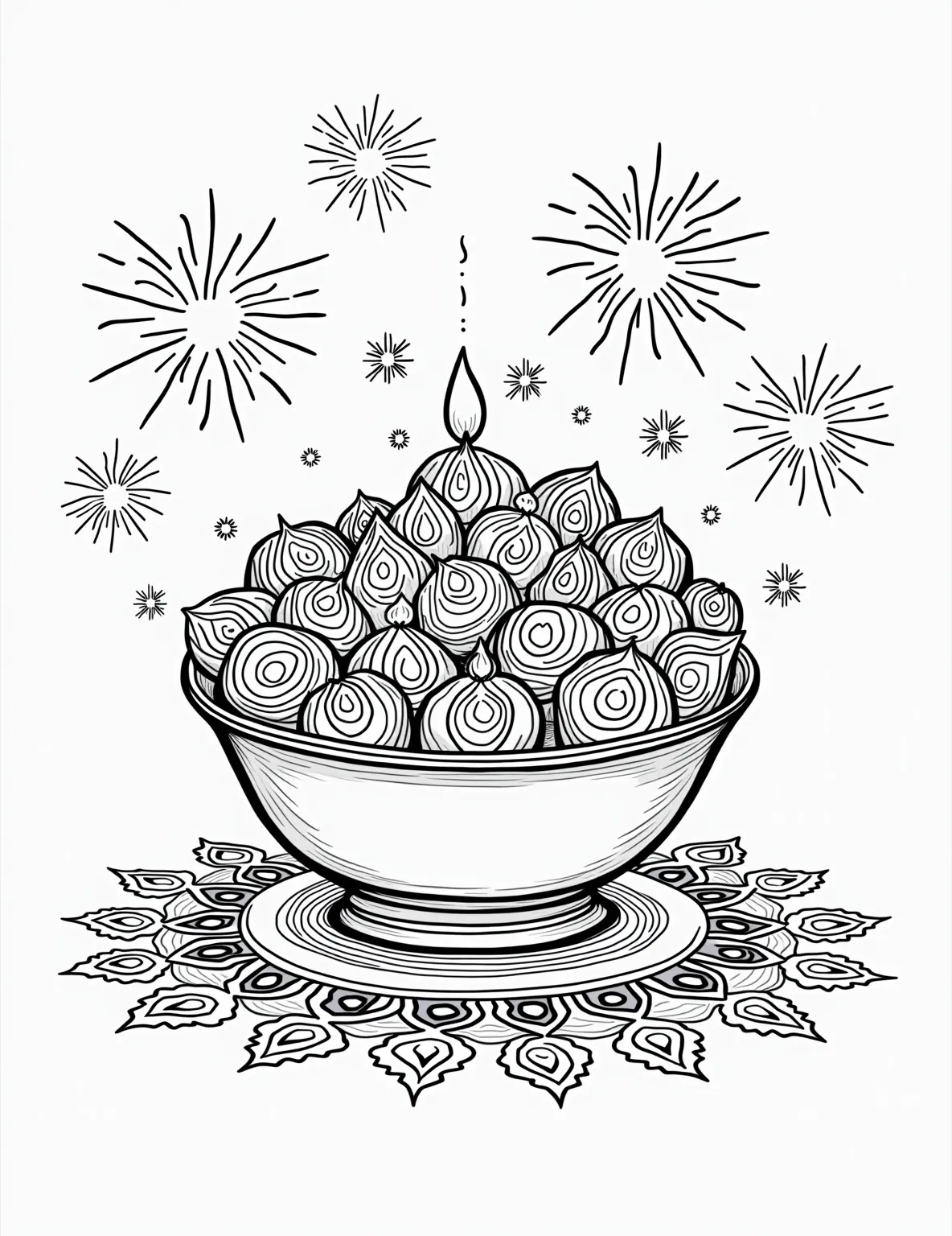 Diwali Gift Basket -- prompt: "black lines only Diwali gift basket overflowing with stylized sweets and candles, outlined in bold black lines. Surrounding diyas flicker with flame-shaped cutouts. Intricate rangoli patterns swirl across the page, inviting colorists to fill spaces with vibrant hues. Festive sparklers and firecrackers dot the borders. flat black lines, premium coloring page, coloring sheet, line drawing, Coloring Book, NO COLOR, NO SHADING, WHITE BACKGROUND. NO GRAY, BLACK AND WHITE, NO COLOR" -- Celebrate the Festival of Lights with this Diwali-themed coloring page. A decorative basket is filled with traditional gifts like sweets, dried fruits, and scented candles. Diyas (oil lamps) and rangoli patterns surround the basket, creating a vibrant Diwali scene.