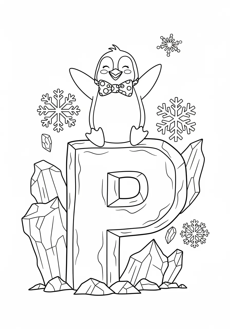 Proud Penguin's Polar Paradise Coloring Page -- prompt: "black lines only Fun coloring book style cartoon penguin with bow tie standing triumphantly atop massive P-shaped iceberg, flippers outstretched joyfully, surrounded by chunky floating ice chunks, large snowflakes, simple bold outlines, cheerful expression, arctic adventure scene flat black lines, premium coloring page, coloring sheet, line drawing, Coloring Book, NO COLOR, NO SHADING, WHITE BACKGROUND. NO GRAY, BLACK AND WHITE, NO COLOR" -- Waddle into winter fun with this adorable 'P' coloring page featuring a penguin on an iceberg! The penguin strikes a proud pose with its flipper raised, while the iceberg's shape creates a perfect letter P. This cool scene teaches the letter P while introducing children to Arctic wildlife and icy landscapes.