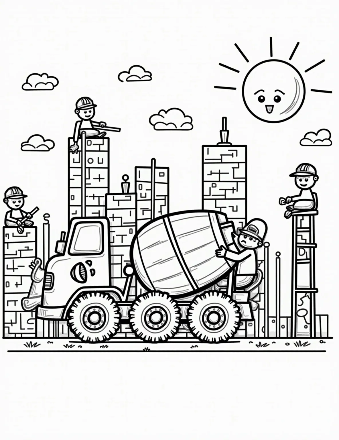 Cement Mixer on Site -- prompt: "black lines only Playful cement mixer truck with a smiley face, pouring colorful, swirly concrete. Construction workers as stick figures climb cartoonish scaffolding. Half-built structures resemble giant building blocks. Cheerful sun and fluffy clouds overhead. Bold outlines and simple shapes perfect for coloring. flat black lines, premium coloring page, coloring sheet, line drawing, Coloring Book, NO COLOR, NO SHADING, WHITE BACKGROUND. NO GRAY, BLACK AND WHITE, NO COLOR" -- Pour some creativity into this Cement Mixer on Site coloring page! This essential construction vehicle is depicted pouring concrete at a building site, showcasing its crucial role in the construction process. It's great for those fascinated by how buildings come to life.