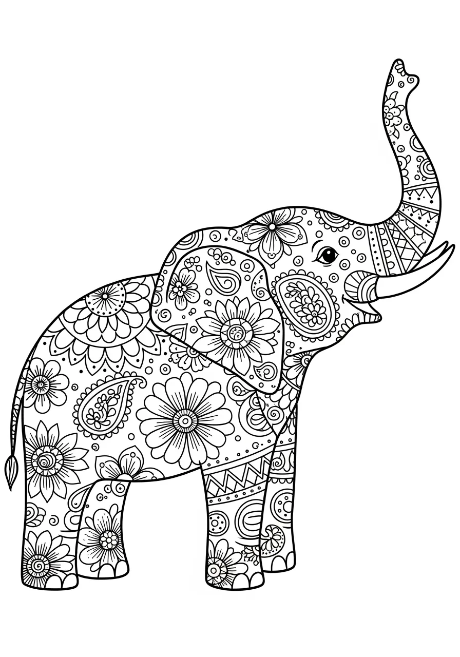 Ornate Elephant Mandala Art Coloring Page -- prompt: "black lines only A majestic elephant adorned with bold mandala patterns and ornamental designs, featuring thick black outlines, geometric flowers, paisley swirls, and decorative borders perfect for coloring, set against a clean white background in playful coloring book illustration style flat black lines, premium coloring page, coloring sheet, line drawing, Coloring Book, NO COLOR, NO SHADING, WHITE BACKGROUND. NO GRAY, BLACK AND WHITE, NO COLOR" -- This sophisticated adult coloring page features an elephant adorned with beautiful mandala patterns and decorative elements. The intricate designs covering the elephant's body provide hours of detailed coloring meditation. This page celebrates both wildlife and traditional artistic motifs.