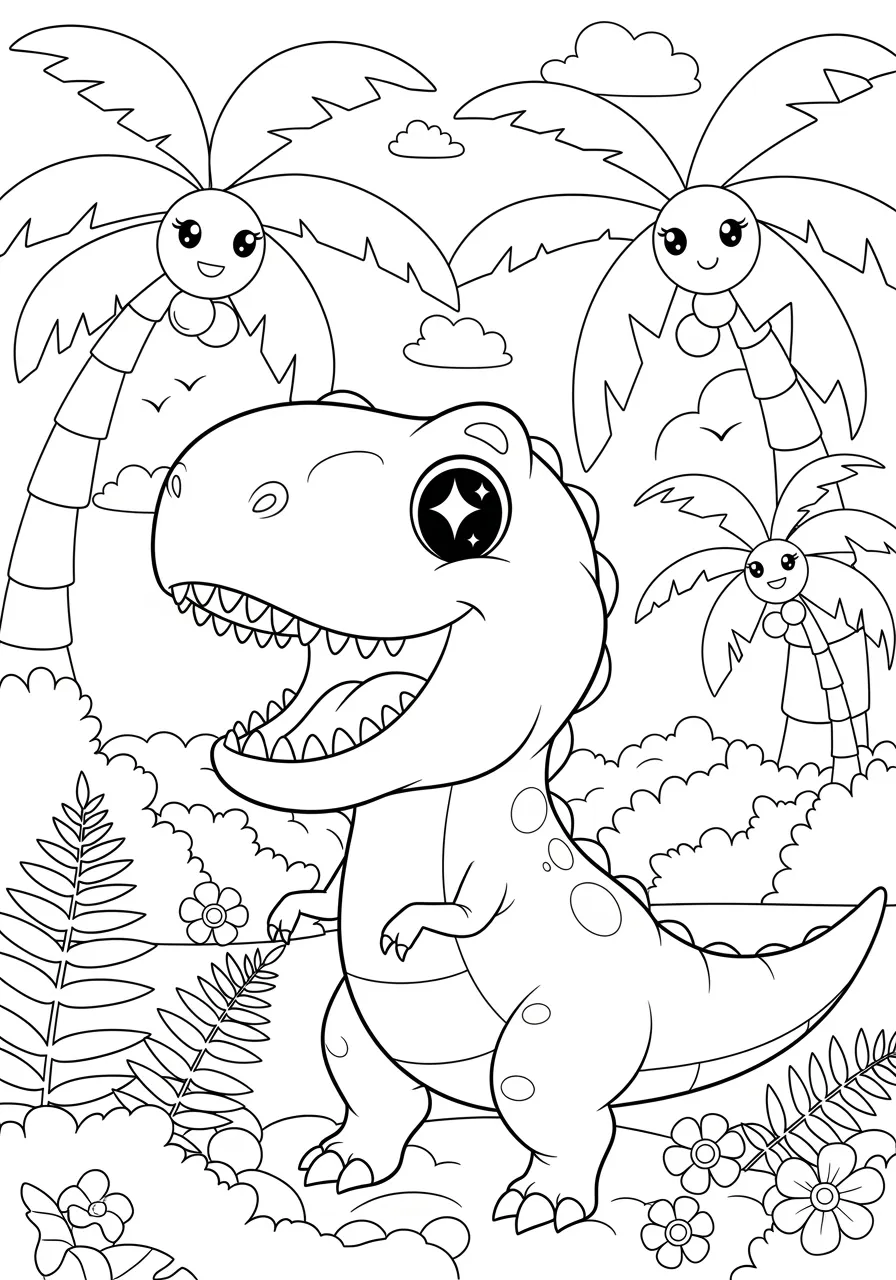 Mighty T-Rex Roaring in the Jungle Coloring Page -- prompt: "black lines only A cheerful cartoon T-Rex with oversized friendly eyes roaring playfully in a simple prehistoric jungle, surrounded by smiling palm trees, basic ferns, and happy flowers, featuring bold black outlines and empty white spaces perfect for children's coloring activities flat black lines, premium coloring page, coloring sheet, line drawing, Coloring Book, NO COLOR, NO SHADING, WHITE BACKGROUND. NO GRAY, BLACK AND WHITE, NO COLOR" -- This powerful coloring page features the king of dinosaurs in all his glory, with his massive jaws open wide in a thunderous roar. The detailed T-Rex stands among prehistoric jungle vegetation, showcasing his enormous size and fearsome presence. Perfect for young paleontologists who want to bring this legendary predator to life with bold, vibrant colors.