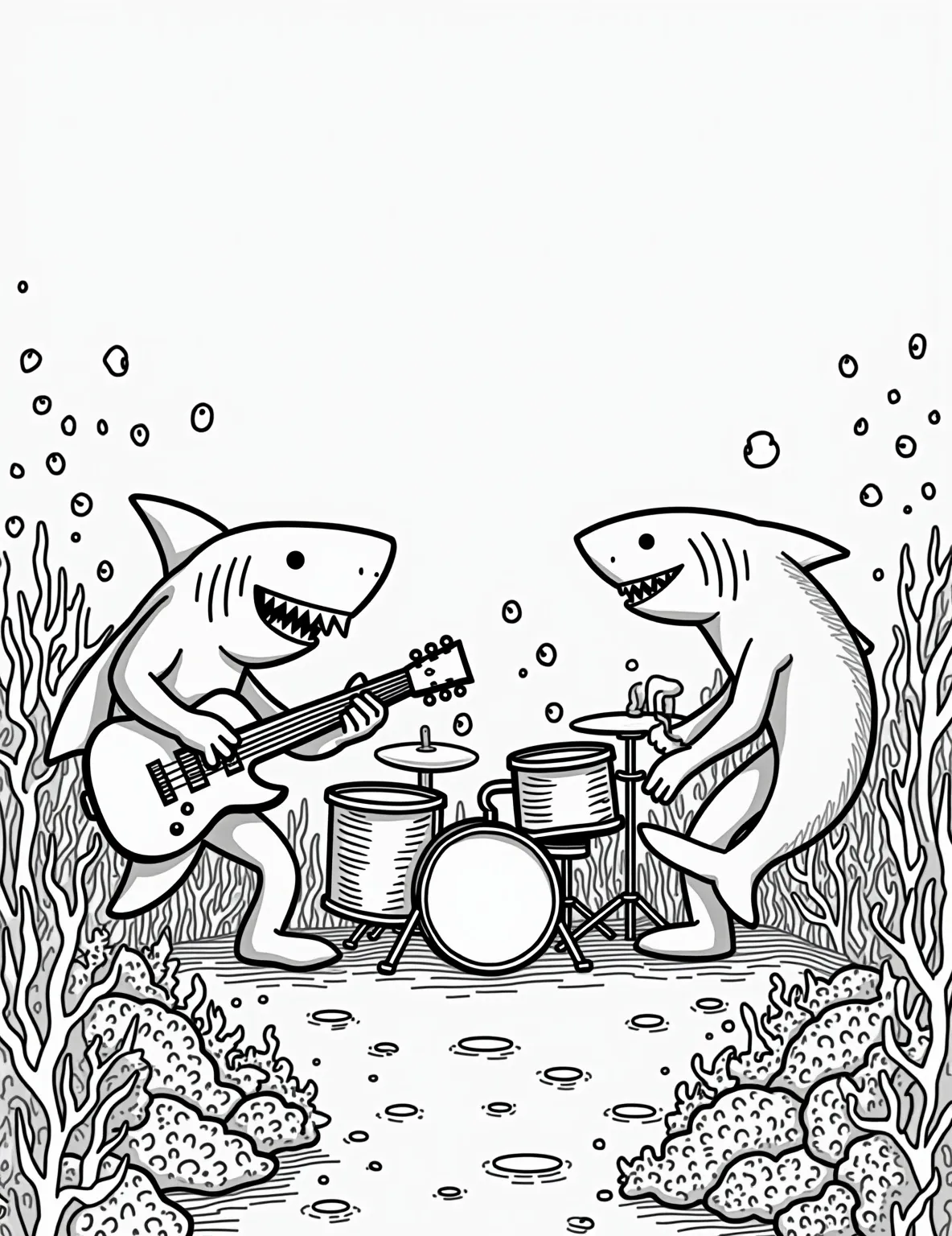 Shark's Underwater Music Festival -- prompt: "black lines only Cartoon sharks jamming on musical instruments amidst coral reefs. Bold outlines define each character: guitar-wielding hammerhead, drum-playing great white, keyboard-tickling tiger shark. Colorable fish audience, swaying seaweed, and bubbles frame the underwater rock concert. Empty spaces await vibrant hues. flat black lines, premium coloring page, coloring sheet, line drawing, Coloring Book, NO COLOR, NO SHADING, WHITE BACKGROUND. NO GRAY, BLACK AND WHITE, NO COLOR" -- Rock out under the sea with this fun-filled shark music festival coloring page. It depicts various sharks playing different musical instruments, with other sea creatures as the audience. This page is great for music lovers and those who enjoy imaginative underwater scenes.