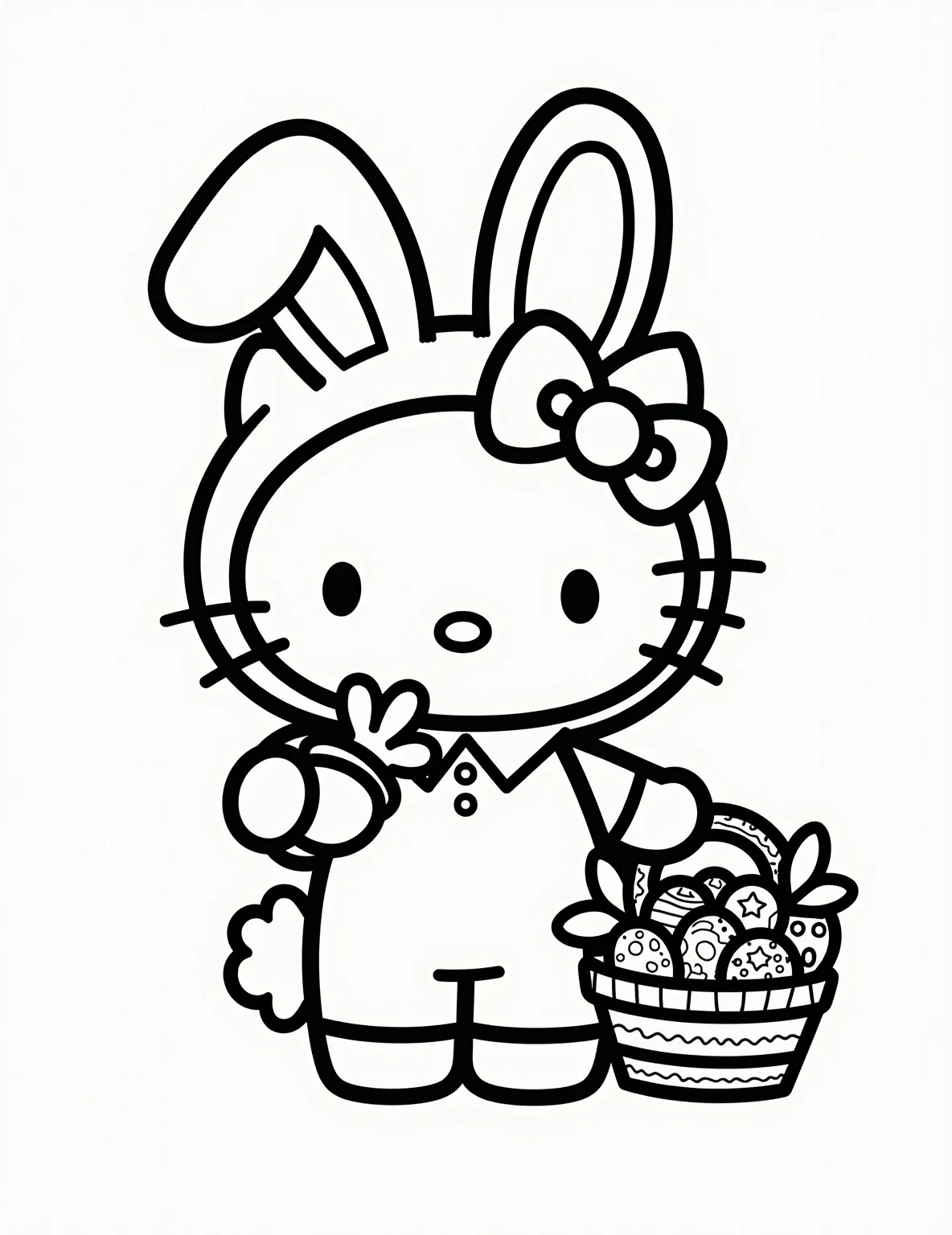 Hello Kitty's Easter Bunny Costume -- prompt: "black lines only Hello Kitty in Easter bunny attire, bold outlines perfect for coloring. Oversized ears, fluffy tail, carrot in paw. Nearby, a basket overflows with decorated eggs. Simple, clean lines define whiskers, bow, and costume details. Cheerful expression invites creative coloring fun. flat black lines, premium coloring page, coloring sheet, line drawing, Coloring Book, NO COLOR, NO SHADING, WHITE BACKGROUND. NO GRAY, BLACK AND WHITE, NO COLOR" -- This charming coloring page shows Hello Kitty dressed up in an adorable Easter bunny costume. She's holding a carrot and has a basket of Easter eggs at her feet. The background features spring flowers and butterflies, perfect for the Easter season.