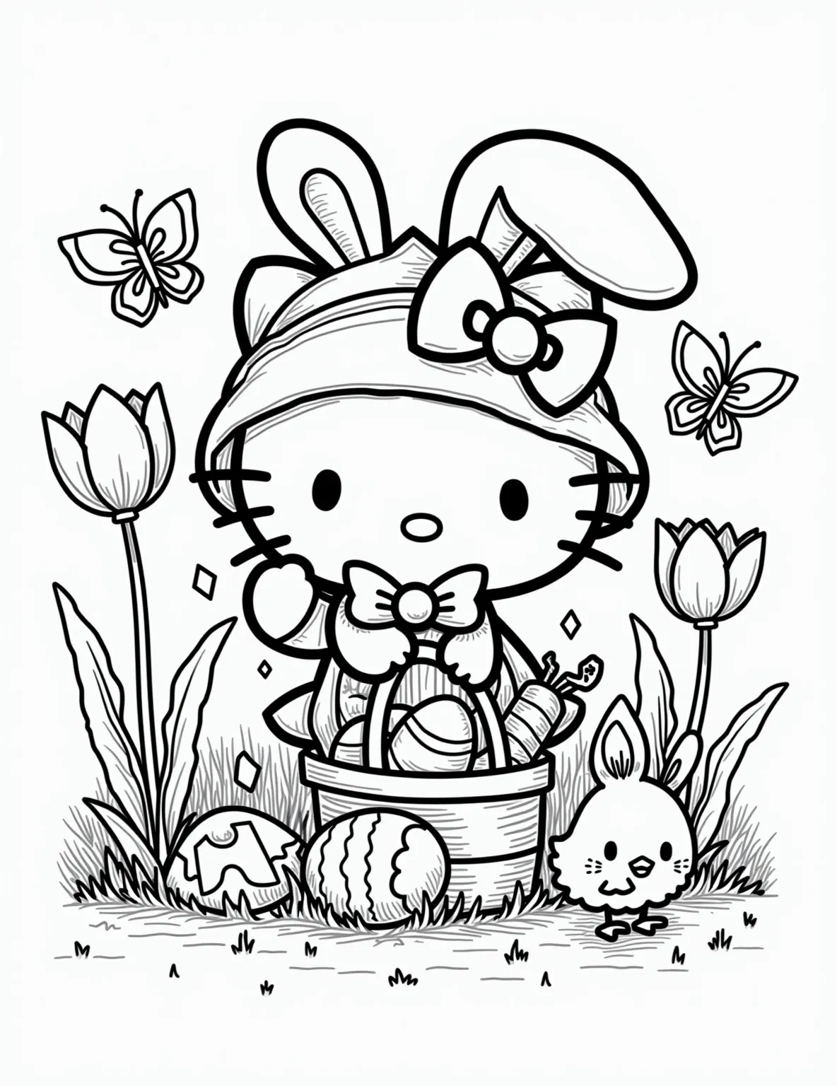 Hello Kitty's Easter Parade -- prompt: "black lines only Hello Kitty leads Easter parade, bold black outlines define characters. Kitty wears flowery bonnet, holds basket. Friends don bunny ears, bow ties. Eggs, chicks, carrots scatter background. Thick lines form tulips, butterflies. Blank spaces await vibrant colors. Joyful expressions on simplified faces. flat black lines, premium coloring page, coloring sheet, line drawing, Coloring Book, NO COLOR, NO SHADING, WHITE BACKGROUND. NO GRAY, BLACK AND WHITE, NO COLOR" -- Join Hello Kitty in this festive Easter parade coloring page. She's leading a procession of her friends, all dressed in their Easter best with bonnets and bow ties. The parade route is lined with Easter eggs and spring blossoms, creating a celebratory scene.