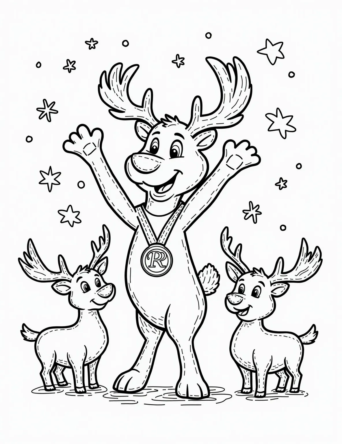 Rudolph's Reindeer Games Victory -- prompt: "black lines only Rudolph beams with pride, gold medal gleaming, in a bold outlined coloring page. Cheering reindeer surround him, their antlers forming intricate patterns. Simple shapes and clean lines capture the joyous celebration, perfect for coloring enthusiasts. Snowflakes and confetti add festive flair to flat black lines, premium coloring page, coloring sheet, line drawing, Coloring Book, NO COLOR, NO SHADING, WHITE BACKGROUND. NO GRAY, BLACK AND WHITE, NO COLOR" -- Celebrate Rudolph's triumph in this jubilant coloring page! It depicts Rudolph winning the Reindeer Games, wearing a gold medal and being cheered on by his fellow reindeer. This scene is all about perseverance and the joy of overcoming challenges.