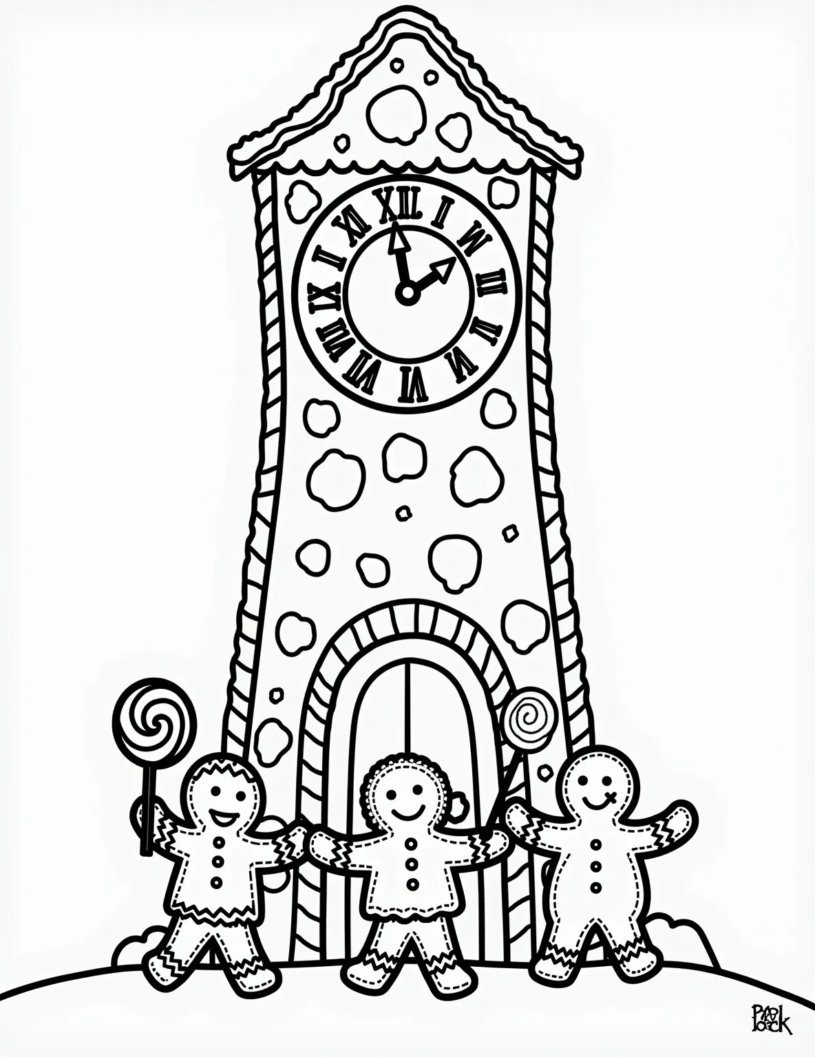 Gingerbread Clock Tower -- prompt: "black lines only Towering gingerbread clock tower with bold outlines. Cookie clock face adorned with swirling frosting numbers. Candy cane pillars and gumdrops decorate facade. Smiling gingerbread people gather below, holding lollipops. Simplified shapes and thick lines perfect for coloring. Cheerful holiday scene flat black lines, premium coloring page, coloring sheet, line drawing, Coloring Book, NO COLOR, NO SHADING, WHITE BACKGROUND. NO GRAY, BLACK AND WHITE, NO COLOR" -- Time for some coloring fun! This page features an impressive gingerbread clock tower. The clock face is made of a giant cookie, with candy hands and gumdrop numbers. Tiny gingerbread people bustle about the base, and a family of cookie doves nests in the sugar-sprinkled eaves.