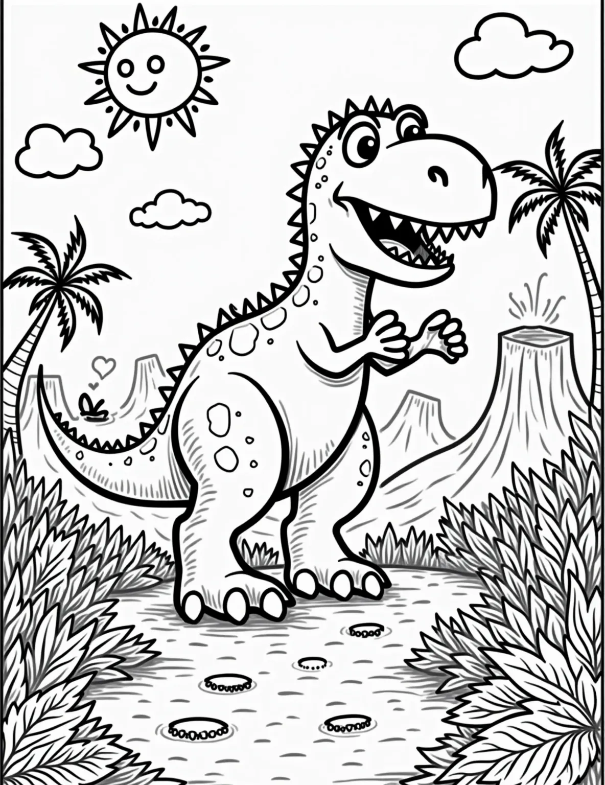 Roaring T-Rex Dinosaur Coloring Page -- prompt: "black lines only Playful T-Rex with exaggerated teeth and bulging eyes roars in a simplified jungle. Bold outlines define prehistoric plants, fluffy clouds, and a grinning sun. Empty spaces invite coloring creativity. Cute dinosaur footprints dot the ground, while cartoon volcanoes puff in the background. flat black lines, premium coloring page, coloring sheet, line drawing, Coloring Book, NO COLOR, NO SHADING, WHITE BACKGROUND. NO GRAY, BLACK AND WHITE, NO COLOR" -- Unleash your inner paleontologist with this fearsome T-Rex coloring page. The mighty dinosaur is shown in all its prehistoric glory, with sharp teeth, powerful legs, and a long tail. Set in a lush Jurassic landscape, this page offers plenty of details for boys to bring to life with their favorite colors.