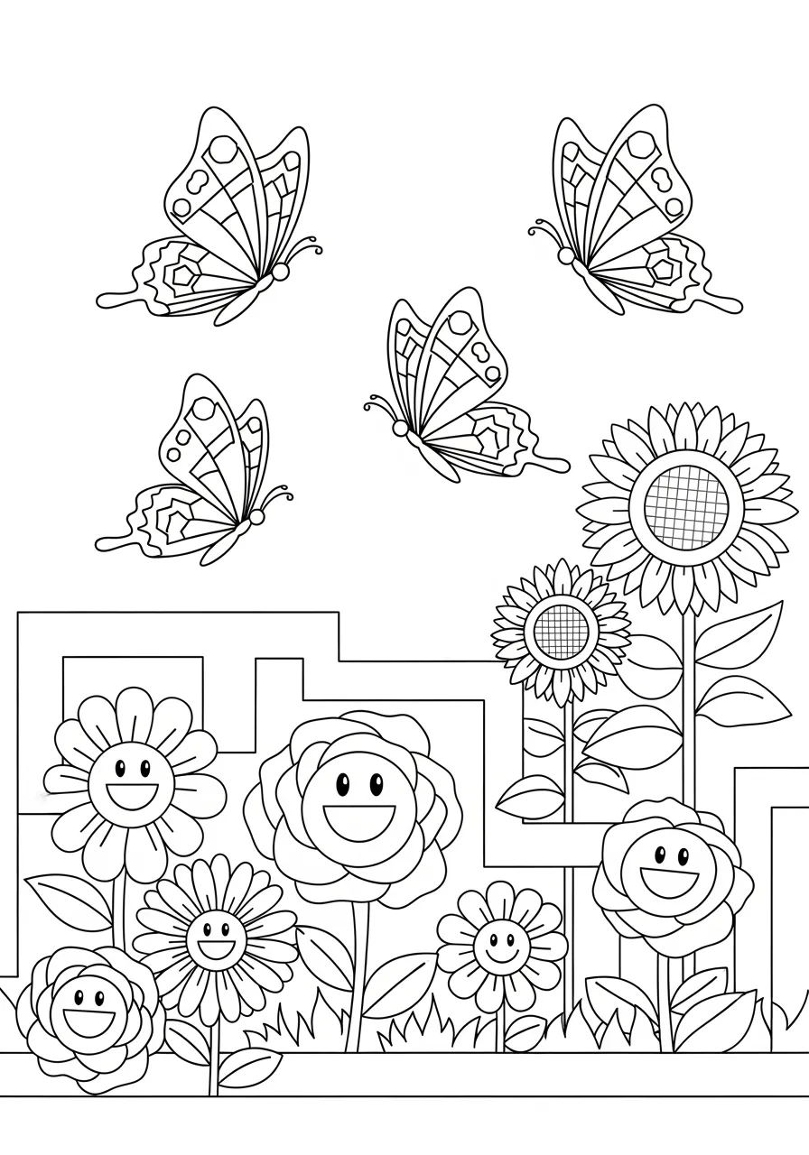 2. Butterfly Garden Paradise Coloring Page -- prompt: "black lines only Fun coloring book style page featuring cheerful butterflies with bold wing patterns dancing above a garden maze of large roses, smiling daisies, and sunflowers, thick black outlines, simple shapes, child-friendly design flat black lines, premium coloring page, coloring sheet, line drawing, Coloring Book, NO COLOR, NO SHADING, WHITE BACKGROUND. NO GRAY, BLACK AND WHITE, NO COLOR" -- Step into a magical garden filled with various butterflies dancing among blooming flowers. This enchanting scene includes multiple butterfly species surrounded by roses, daisies, and wildflowers. It's an ideal page for those who love both butterflies and beautiful garden settings.
