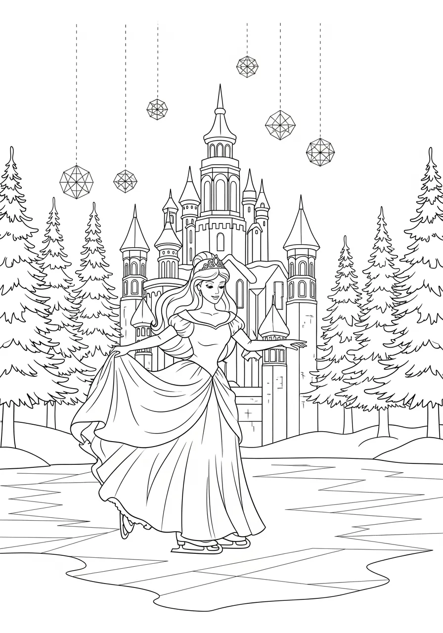 Princess Ice Skating in Winter Palace Coloring Page -- prompt: "black lines only Fun coloring book style princess gracefully ice skating on frozen pond, ornate winter palace backdrop with towering spires, geometric snowflakes falling, pine trees framing scene, bold outlines, simple shapes perfect for coloring, joyful winter wonderland atmosphere flat black lines, premium coloring page, coloring sheet, line drawing, Coloring Book, NO COLOR, NO SHADING, WHITE BACKGROUND. NO GRAY, BLACK AND WHITE, NO COLOR" -- Experience winter magic with this graceful princess ice skating in front of her snow-covered palace. Icicles hang from the castle towers while snowflakes gently fall around our skating princess. Her winter cloak and fur-trimmed dress keep her warm during this seasonal adventure.
