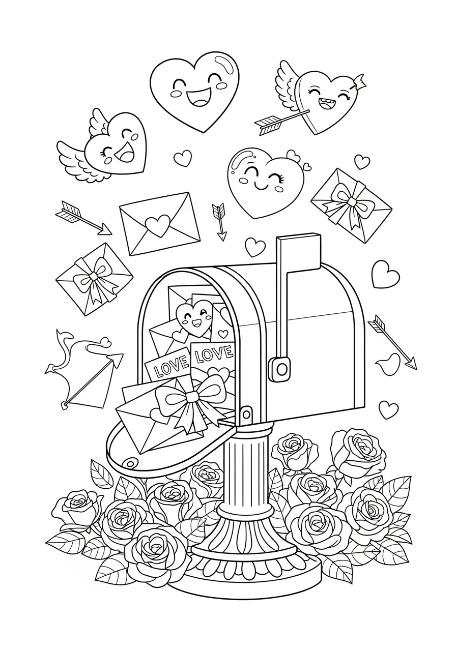 Valentine's Day Mailbox Coloring Page -- prompt: "black lines only Fun coloring book style decorative mailbox bursting with valentine cards, bold black outlines, simple shapes, floating cartoon hearts with smiling faces, scattered love letters, cupid arrows, flowers blooming around base, cheerful romantic scene perfect for coloring flat black lines, premium coloring page, coloring sheet, line drawing, Coloring Book, NO COLOR, NO SHADING, WHITE BACKGROUND. NO GRAY, BLACK AND WHITE, NO COLOR" -- A cheerful mailbox overflowing with valentine cards and letters creates the centerpiece of this delightful coloring page designed for children. Hearts float around the mailbox while scattered envelopes and cards create additional coloring opportunities throughout the scene. This design teaches children about the tradition of sending valentine greetings while providing hours of creative fun.