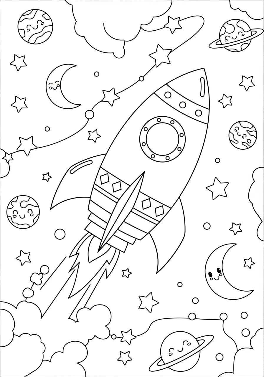 Shape Spaceship Galaxy Explorer Coloring Page -- prompt: "black lines only Bold black outlines define a rocket ship with triangular fins, rectangular hull, circular portholes, and diamond accents soaring past smiling stars and crescent moons, perfect thick lines for easy coloring adventures flat black lines, premium coloring page, coloring sheet, line drawing, Coloring Book, NO COLOR, NO SHADING, WHITE BACKGROUND. NO GRAY, BLACK AND WHITE, NO COLOR" -- Blast off into space with this cosmic coloring adventure! The spaceship is cleverly constructed from various geometric shapes including triangular nose cones, rectangular bodies, and circular windows. Young astronauts will love coloring their way through this stellar journey.