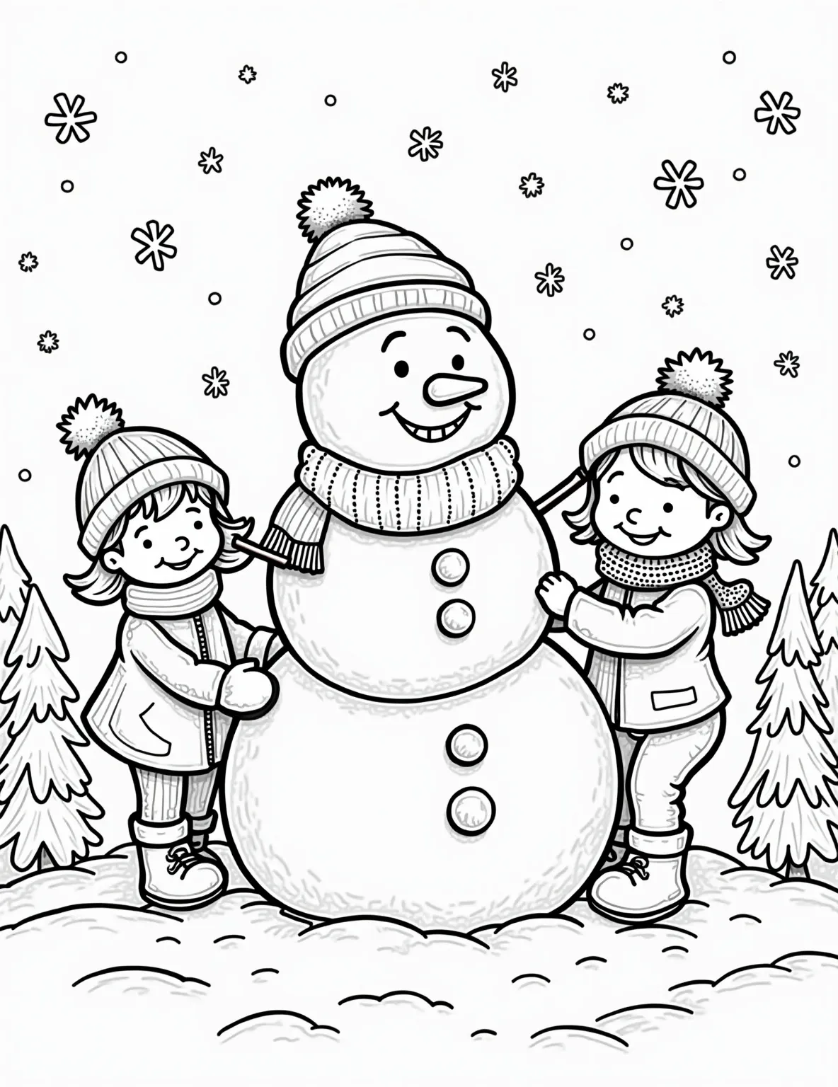 Snowman Building Fun Coloring Page -- prompt: "black lines only Cheerful children sculpting a jolly snowman, outlined in bold black strokes. Snow-dusted pine trees and cozy cottages frame the scene. Playful snowflakes dance around, waiting to be colored. Simple shapes and patterns adorn clothing and scenery, inviting creative coloring fun. flat black lines, premium coloring page, coloring sheet, line drawing, Coloring Book, NO COLOR, NO SHADING, WHITE BACKGROUND. NO GRAY, BLACK AND WHITE, NO COLOR" -- Join in on some snowy day fun with this playful coloring page. Watch as children work together to build a jolly snowman, complete with a carrot nose, coal eyes, and a fancy hat. This page captures the simple joys of winter and holiday break activities.