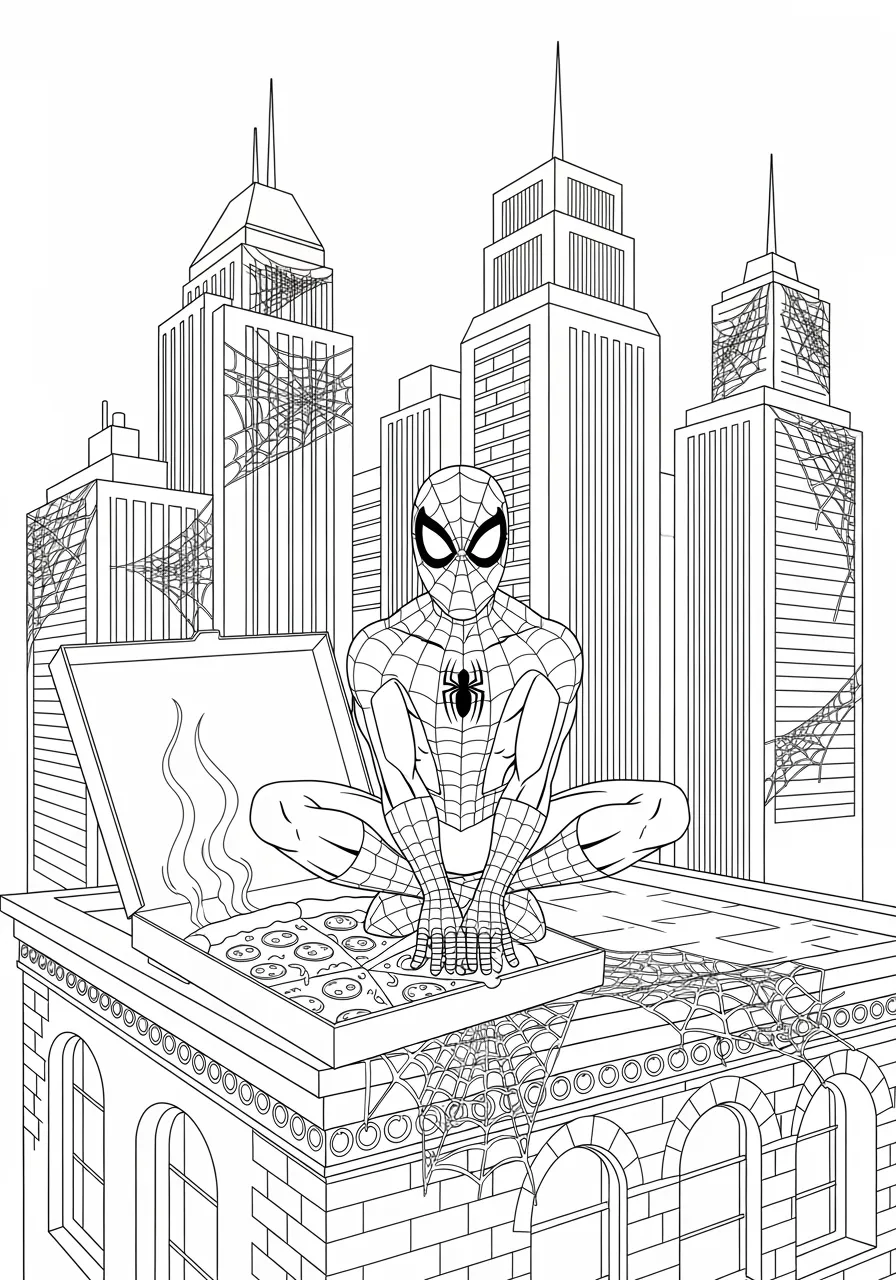 Spiderman Pizza Time Break Coloring Page -- prompt: "black lines only Spiderman perched cheerfully on brick building edge, large pizza box open beside him, city skyline background with simple geometric buildings, bold black outlines, clean line art perfect for coloring, relaxed superhero moment with web patterns decorating rooftop corners flat black lines, premium coloring page, coloring sheet, line drawing, Coloring Book, NO COLOR, NO SHADING, WHITE BACKGROUND. NO GRAY, BLACK AND WHITE, NO COLOR" -- This delightful scene shows the human side of our superhero as he enjoys a well-deserved pizza break on a New York City rooftop between his heroic duties. The relatable moment helps children connect with the character while providing a fun, lighthearted coloring experience. The detailed city skyline background offers additional coloring opportunities for those who want to expand their artistic horizons.