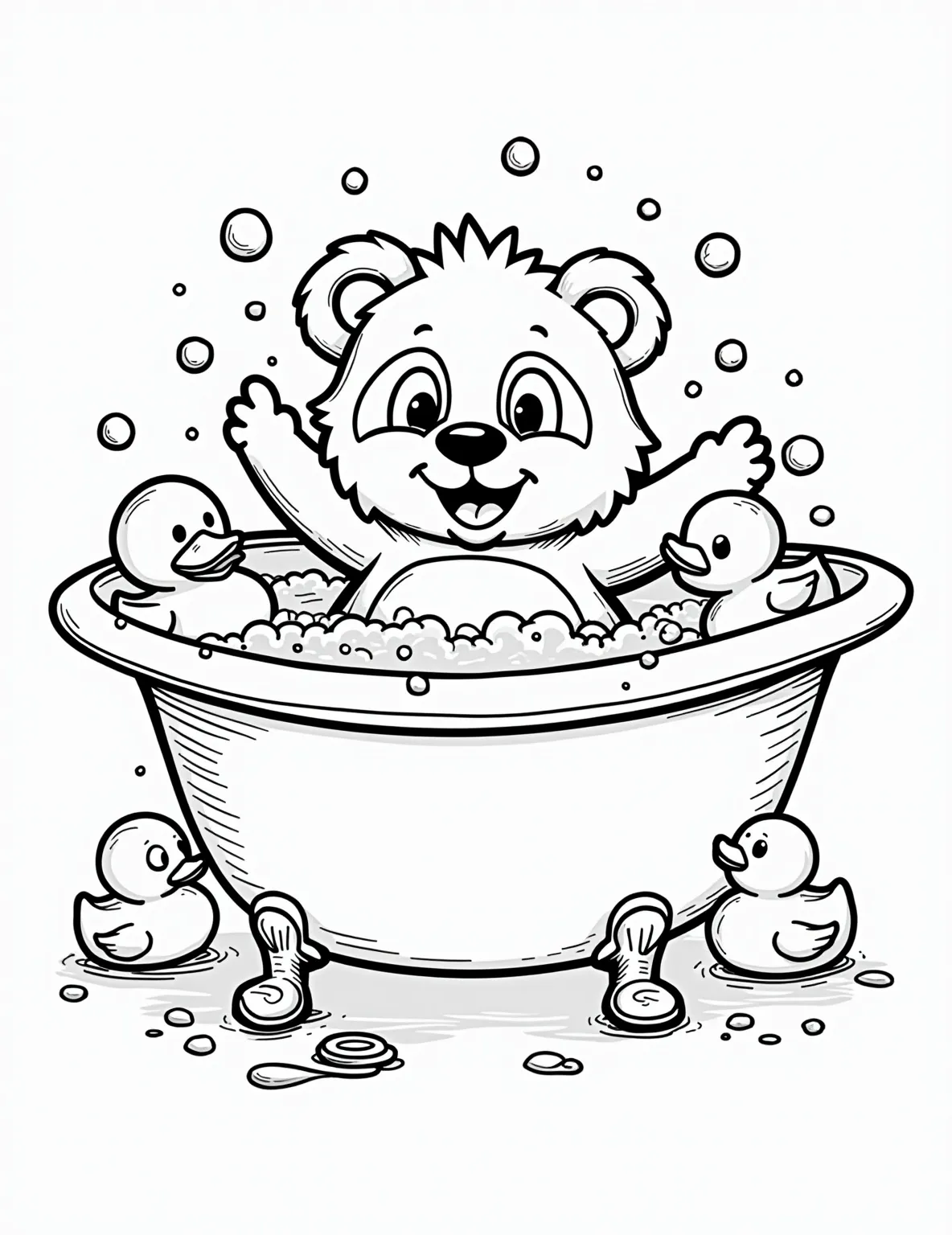 Panda's Bubble Bath Coloring Page -- prompt: "black lines only Cheerful panda bear splashing in a bubble-filled bathtub, surrounded by playful rubber ducks. Bold outlines define each element. Simple, clean shapes perfect for coloring. Joyful expression on panda's face. Bath accessories scattered around. Bubbles float whimsically. Ideal for fun coloring book page. flat black lines, premium coloring page, coloring sheet, line drawing, Coloring Book, NO COLOR, NO SHADING, WHITE BACKGROUND. NO GRAY, BLACK AND WHITE, NO COLOR" -- Dive into fun with this playful coloring page of a panda enjoying a bubble bath. The scene shows a happy panda sitting in a sudsy tub, surrounded by floating bubbles and rubber ducks. This page is excellent for practicing circular shapes and adding a pop of color to the bath accessories.