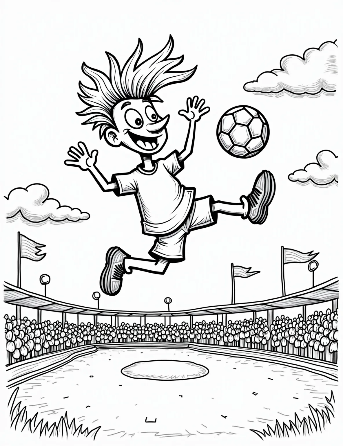 Soccer Player Heading the Ball -- prompt: "black lines only Coloring page featuring exaggerated soccer player mid-leap, body curved like rainbow. Oversized head, comical expression, spiky hair. Ball enlarged, patterns inside. Grass below, fluffy clouds above. Thick outlines, simple shapes. Stadium background with cheering stick-figure crowd. Fun, energetic composition for all ages. flat black lines, premium coloring page, coloring sheet, line drawing, Coloring Book, NO COLOR, NO SHADING, WHITE BACKGROUND. NO GRAY, BLACK AND WHITE, NO COLOR" -- This action-packed coloring page shows a soccer player performing a header. The player is jumping high, body arched backwards, about to make contact with the ball. The dynamic pose offers interesting angles and lines for coloring, suitable for more advanced colorists.