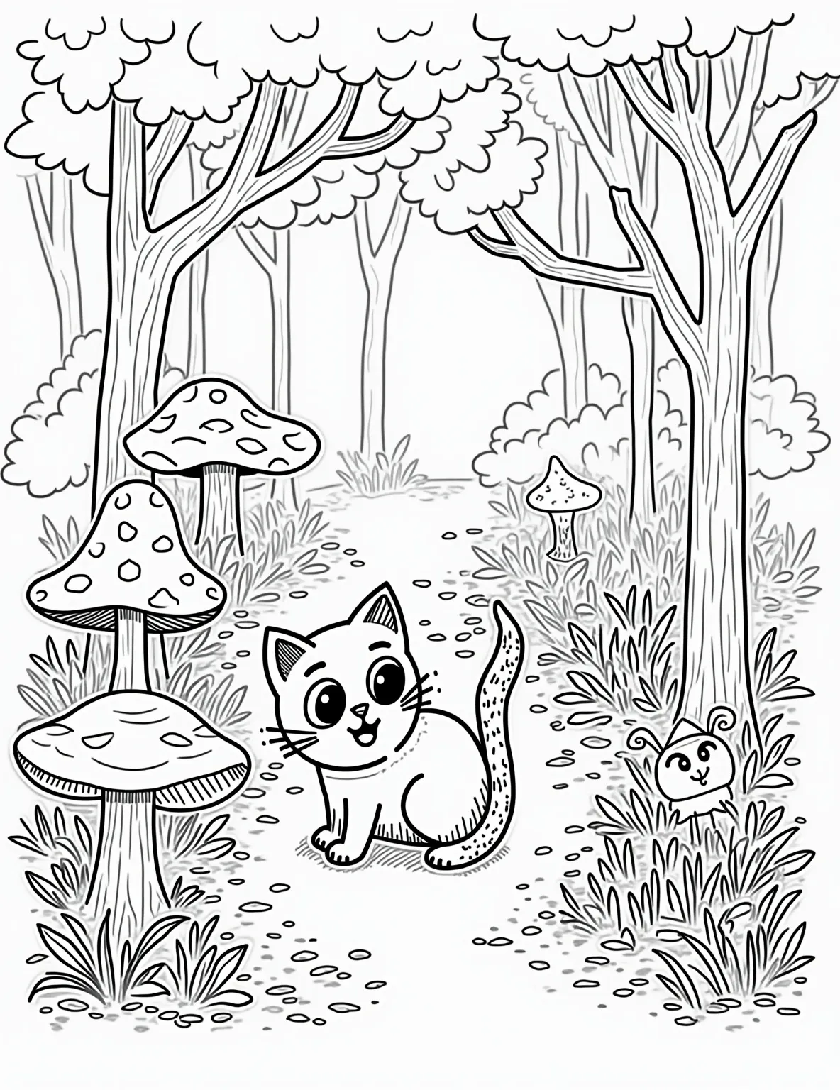 Enchanted Forest Cat Coloring Page -- prompt: "black lines only Playful cat explores enchanted forest, outlined in bold strokes. Oversized mushrooms, spiral tree trunks, and star-shaped flowers await coloring. Fairies with exaggerated wings hide behind leaves. Dotted path winds through scene. Whimsical expressions on forest creatures invite imaginative hues. Fun, child-friendly design for coloring book enthusiasts. flat black lines, premium coloring page, coloring sheet, line drawing, Coloring Book, NO COLOR, NO SHADING, WHITE BACKGROUND. NO GRAY, BLACK AND WHITE, NO COLOR" -- Embark on a magical journey with this mystical scene of a cat exploring an otherworldly forest. Surrounded by glowing mushrooms, fairy lights, and fantastical creatures, the cat's wide-eyed wonder invites colorists into a world of imagination. This intricate page is perfect for adults who enjoy fantasy-themed coloring adventures.