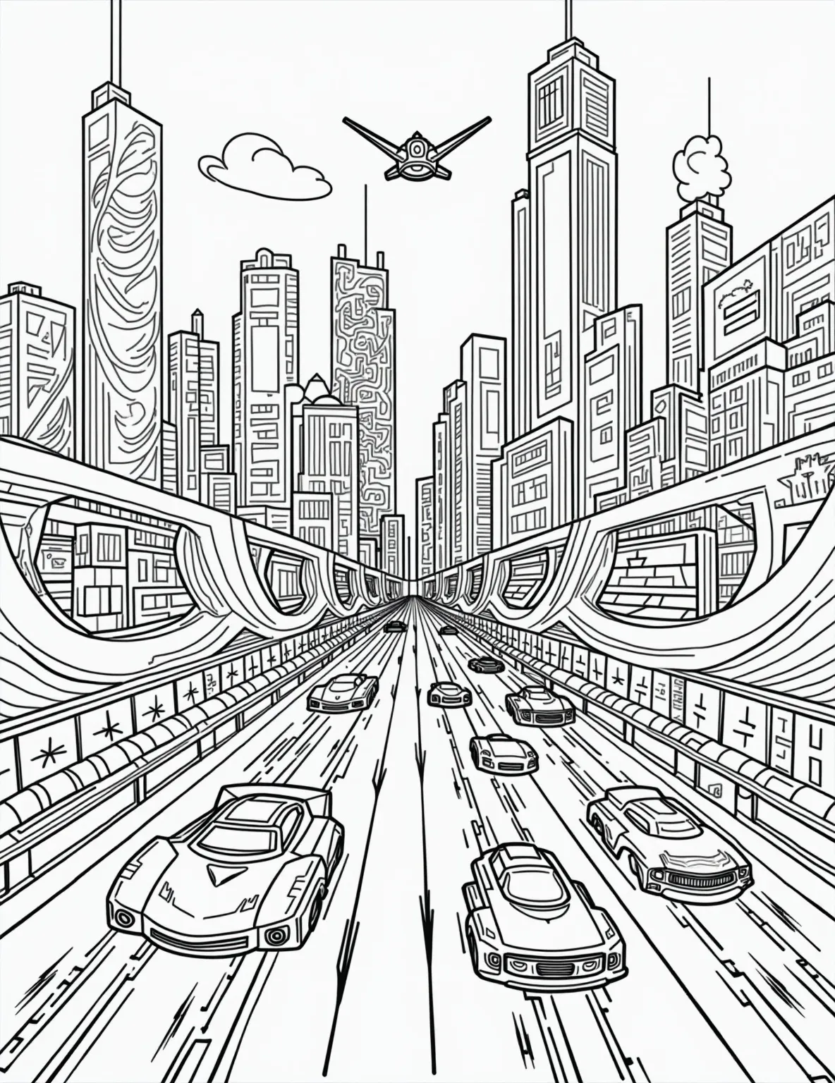 Futuristic Hover Car Grand Prix -- prompt: "black lines only Whimsical coloring page featuring cartoon hover cars zooming through a playful cityscape. Bold outlines define futuristic skyscrapers, looping aerial racecourses, and cheerful neon signs. Simplistic yet charming details invite creative coloring, capturing the excitement of a fantastical urban race. Style: fun coloring book flat black lines, premium coloring page, coloring sheet, line drawing, Coloring Book, NO COLOR, NO SHADING, WHITE BACKGROUND. NO GRAY, BLACK AND WHITE, NO COLOR" -- Zoom into the future with this exciting hover car racing scene. Sleek, wheel-less vehicles compete in a high-speed chase through a futuristic cityscape filled with towering skyscrapers and neon lights. This intricate coloring page is ideal for sci-fi fans and those who dream of tomorrow's transportation.