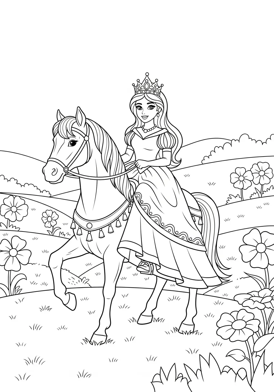 Princess Horseback Riding Adventure Coloring Page -- prompt: "black lines only Fun coloring book style princess with flowing gown and crown riding majestic horse through countryside meadows, rolling hills dotted with large simple wildflowers, bold black outlines, cheerful expression, perfect for children's coloring activities flat black lines, premium coloring page, coloring sheet, line drawing, Coloring Book, NO COLOR, NO SHADING, WHITE BACKGROUND. NO GRAY, BLACK AND WHITE, NO COLOR" -- Join this adventurous princess on a countryside ride aboard her noble steed through rolling hills and meadows. Her flowing cape and determined expression show her love for outdoor exploration. Wildflowers, trees, and distant mountains complete this pastoral scene.