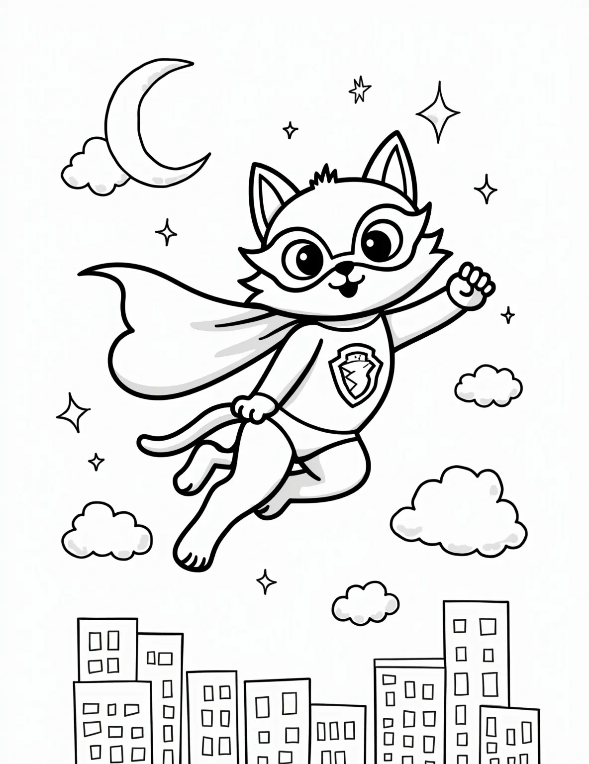 A cat dressed as a superhero, flying through the sky