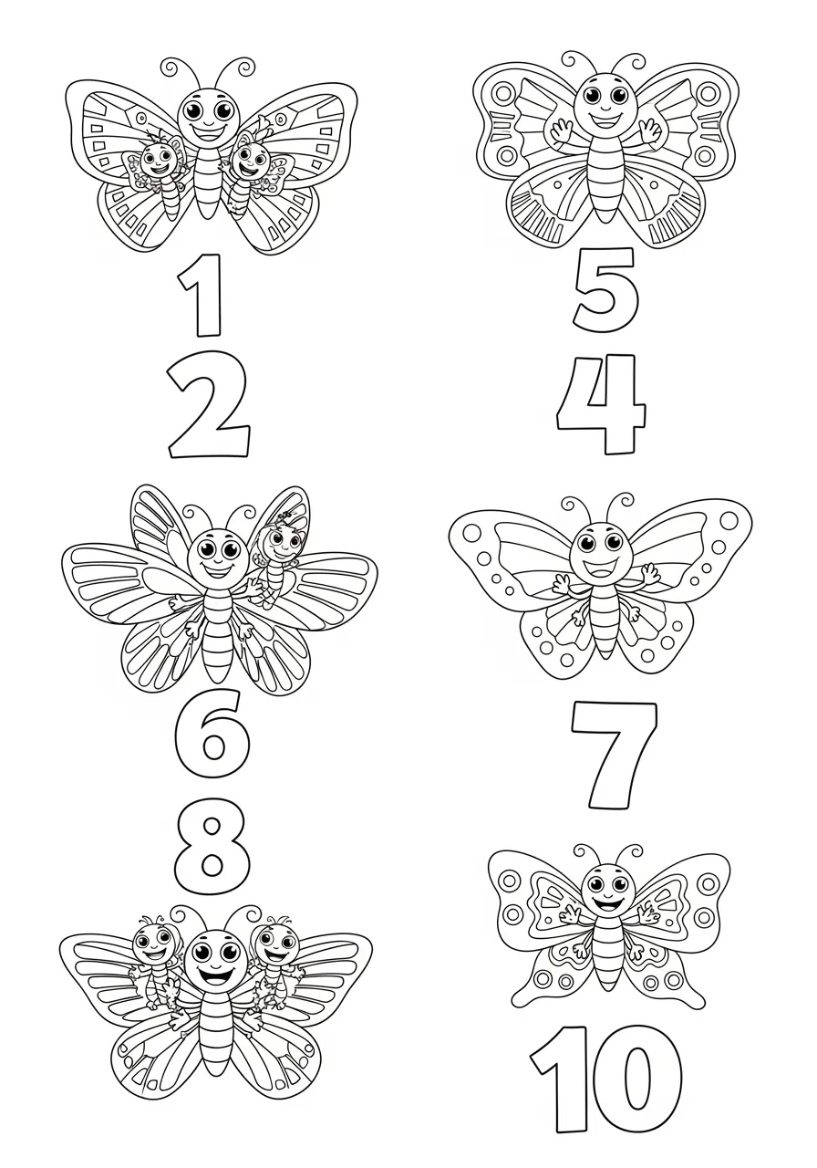 18. Butterfly Numbers Counting Coloring Page -- prompt: "black lines only Fun coloring book page featuring cheerful butterfly groups teaching numbers one through ten, bold black outlines on white background, simple geometric wing patterns, smiling faces, large clear numerals beside each cluster, educational layout perfect for children's creative learning flat black lines, premium coloring page, coloring sheet, line drawing, Coloring Book, NO COLOR, NO SHADING, WHITE BACKGROUND. NO GRAY, BLACK AND WHITE, NO COLOR" -- Learn to count with this educational butterfly coloring page featuring groups of butterflies representing different numbers. Each section shows a number alongside the corresponding quantity of butterflies. This page makes learning math concepts fun and engaging through beautiful butterfly illustrations.
