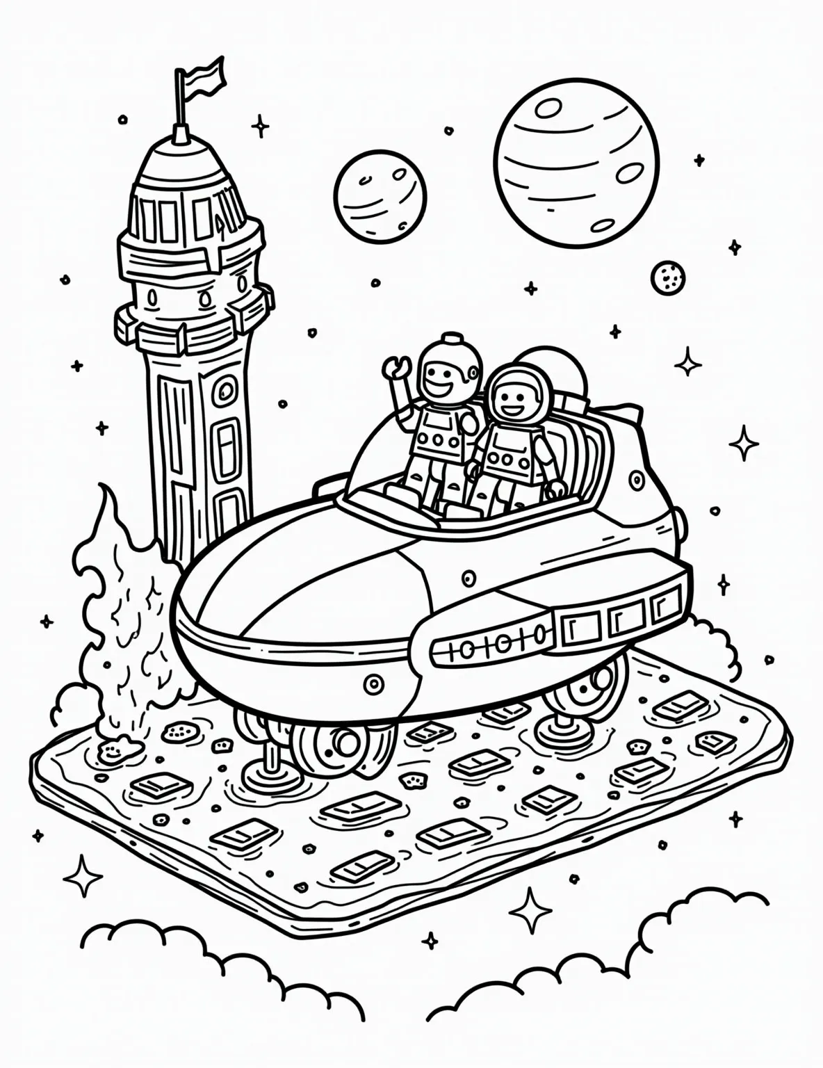 Lego Spaceship Launch Coloring Page -- prompt: "black lines only Chunky Lego spaceship with bold outlines on a launch pad. Smiling astronaut minifigures wave excitedly. Retro control tower with big buttons. Stars and planets in background. Simple shapes, thick lines. Fun, childlike scene ready for coloring. Rocket flames outlined. flat black lines, premium coloring page, coloring sheet, line drawing, Coloring Book, NO COLOR, NO SHADING, WHITE BACKGROUND. NO GRAY, BLACK AND WHITE, NO COLOR" -- Blast off into a world of imagination with this exciting Lego spaceship launch coloring page. The scene features a detailed Lego-style rocket on a launch pad, surrounded by bustling astronaut minifigures and futuristic launch equipment. This page is perfect for young space enthusiasts and adults alike, offering a chance to bring a colorful cosmic adventure to life.