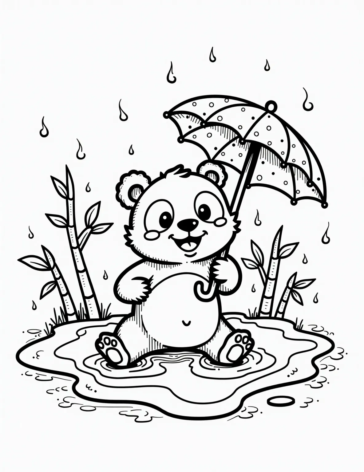 Panda's Rainy Day Coloring Page -- prompt: "black lines only Playful panda bear splashing in rain puddles, holding polka-dot umbrella. Surrounded by stylized bamboo plants with thick outlines. Bold, simple shapes perfect for coloring. Cheerful raindrops and puddle ripples. Happy expression on panda's face. Thick black lines define all elements. flat black lines, premium coloring page, coloring sheet, line drawing, Coloring Book, NO COLOR, NO SHADING, WHITE BACKGROUND. NO GRAY, BLACK AND WHITE, NO COLOR" -- Embrace the cozy feel of a rainy day with this endearing coloring page. It depicts a panda holding an umbrella while splashing in puddles, surrounded by falling raindrops and bamboo leaves. This scene offers a great opportunity to play with blue and gray tones, as well as the reflections in the water.