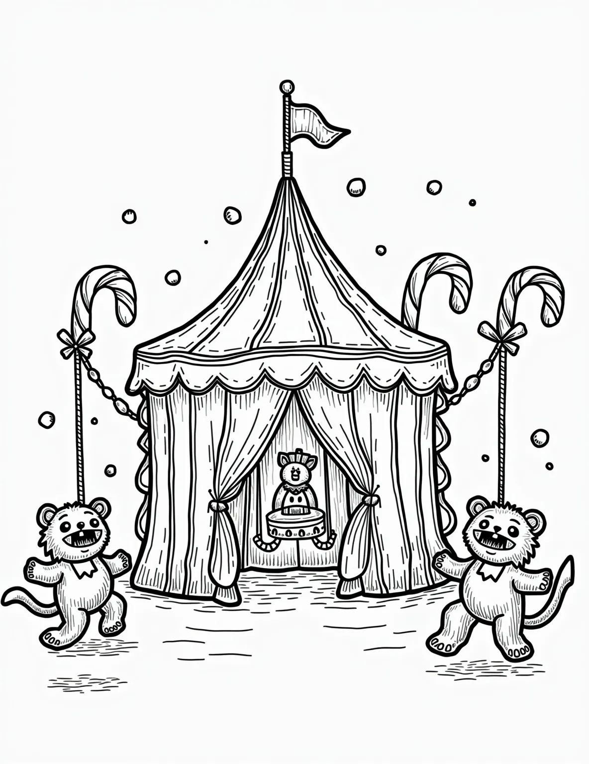 Gingerbread Circus Big Top -- prompt: "black lines only Coloring page of whimsical gingerbread circus tent, swirling candy cane poles, peppermint roof. Gingerbread acrobats swing on licorice ropes. Animal cracker lions jump through cookie hoops. Gumdrop clowns juggle jelly beans. Bold outlines, simple shapes for easy coloring. Fun, festive atmosphere. flat black lines, premium coloring page, coloring sheet, line drawing, Coloring Book, NO COLOR, NO SHADING, WHITE BACKGROUND. NO GRAY, BLACK AND WHITE, NO COLOR" -- Step right up to the greatest show on earth - in gingerbread form! This coloring page features a grand circus tent made of striped candy canes and cookie panels. Gingerbread acrobats swing from licorice trapezes, while animal crackers perform in sugar-dusted rings. It's a three-ring circus of coloring fun!