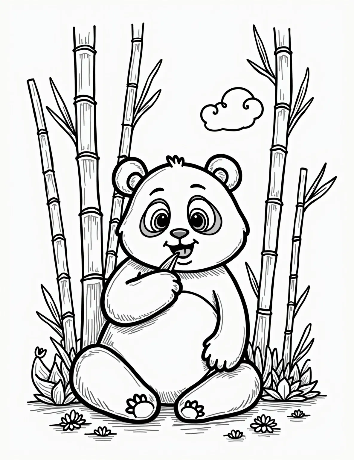 Playful Panda's Bamboo Picnic -- prompt: "black lines only Adorable panda outline with bold black strokes, sitting cross-legged in stylized bamboo grove. Large, expressive eyes and cute smile as it nibbles leaf. Simple, clean lines perfect for coloring. Zen-like scene with playful elements scattered around. Cheerful, relaxing atmosphere for all ages to enjoy. flat black lines, premium coloring page, coloring sheet, line drawing, Coloring Book, NO COLOR, NO SHADING, WHITE BACKGROUND. NO GRAY, BLACK AND WHITE, NO COLOR" -- This endearing coloring page showcases a chubby panda enjoying a bamboo feast. The panda's round body and expressive face make it irresistibly cute. With a mix of simple shapes and detailed bamboo stalks, this page is suitable for colorists of all skill levels.