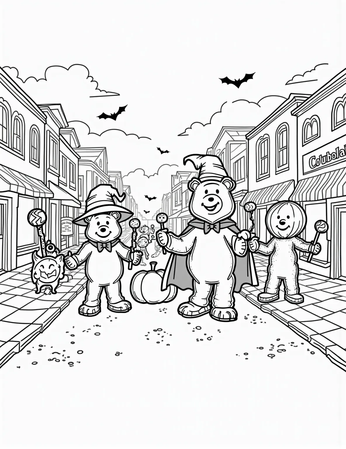 Halloween Candy Parade -- prompt: "black lines only A whimsical coloring page featuring a parade of Halloween candies with expressive faces, donning miniature witch hats and vampire capes. They march down a street adorned with bold, outlined pumpkins, bats, and spiderwebs. Simple, clean lines define each character and decoration, perfect for coloring. flat black lines, premium coloring page, coloring sheet, line drawing, Coloring Book, NO COLOR, NO SHADING, WHITE BACKGROUND. NO GRAY, BLACK AND WHITE, NO COLOR" -- Delight in the sweetness of Halloween with this whimsical coloring page featuring a parade of Halloween candy. Various candies are personified with cute faces and Halloween-themed accessories, marching along a decorated street. This page is perfect for children who love both Halloween and sweet treats.