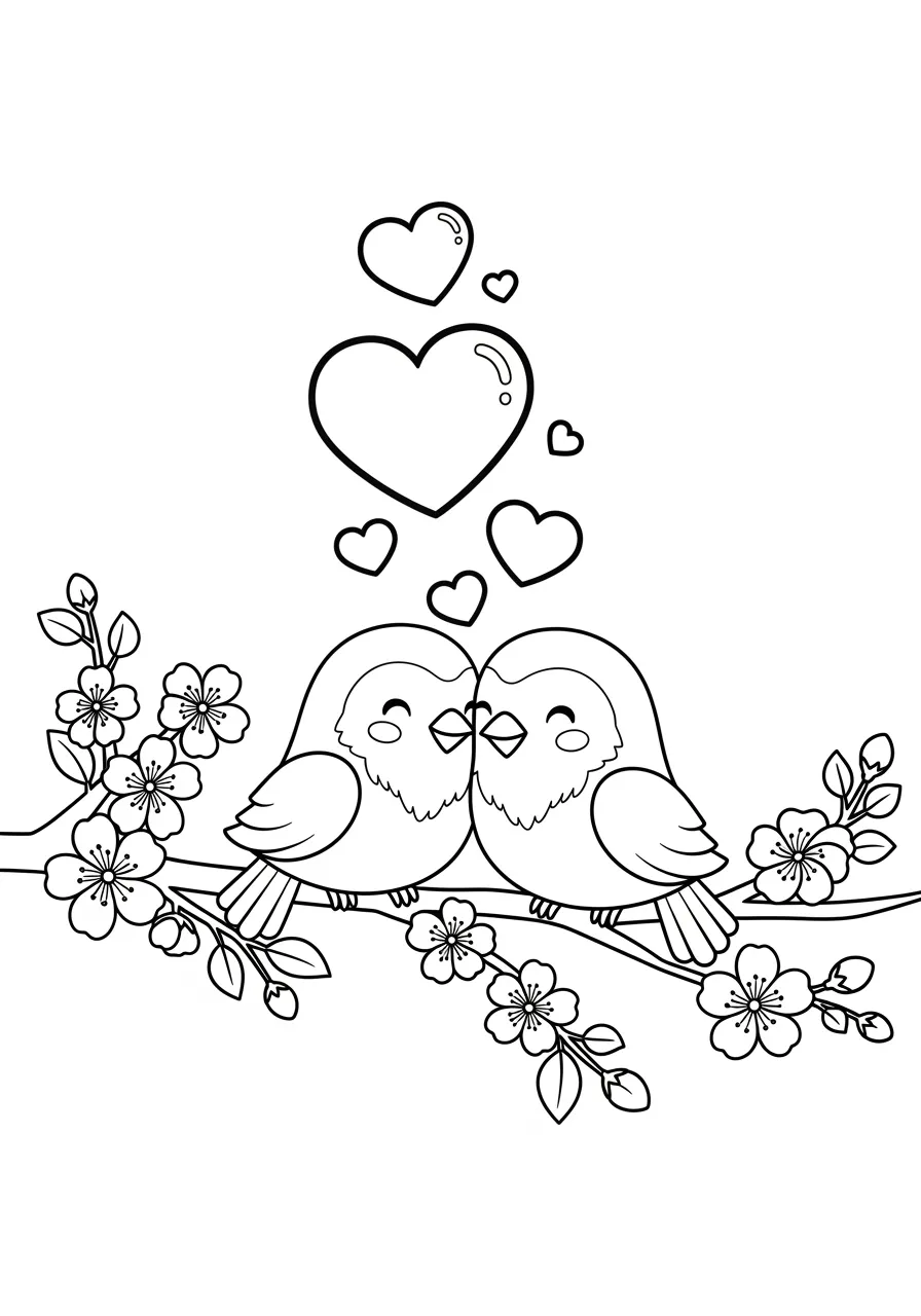 Love Birds on a Branch Coloring Page -- prompt: "black lines only Two adorable lovebirds with bold outlines perched on cherry blossom branch, large floating heart shapes above, simple black line art design, thick borders perfect for crayons, cheerful Valentine's Day coloring book page with clear defined spaces flat black lines, premium coloring page, coloring sheet, line drawing, Coloring Book, NO COLOR, NO SHADING, WHITE BACKGROUND. NO GRAY, BLACK AND WHITE, NO COLOR" -- Two adorable love birds perched on a flowering branch create the centerpiece of this sweet Valentine's design. Delicate blossoms and leaves frame the happy couple, while small hearts float around them in the sky. This page offers a perfect balance of detail and simplicity, making it suitable for colorists of all ages.