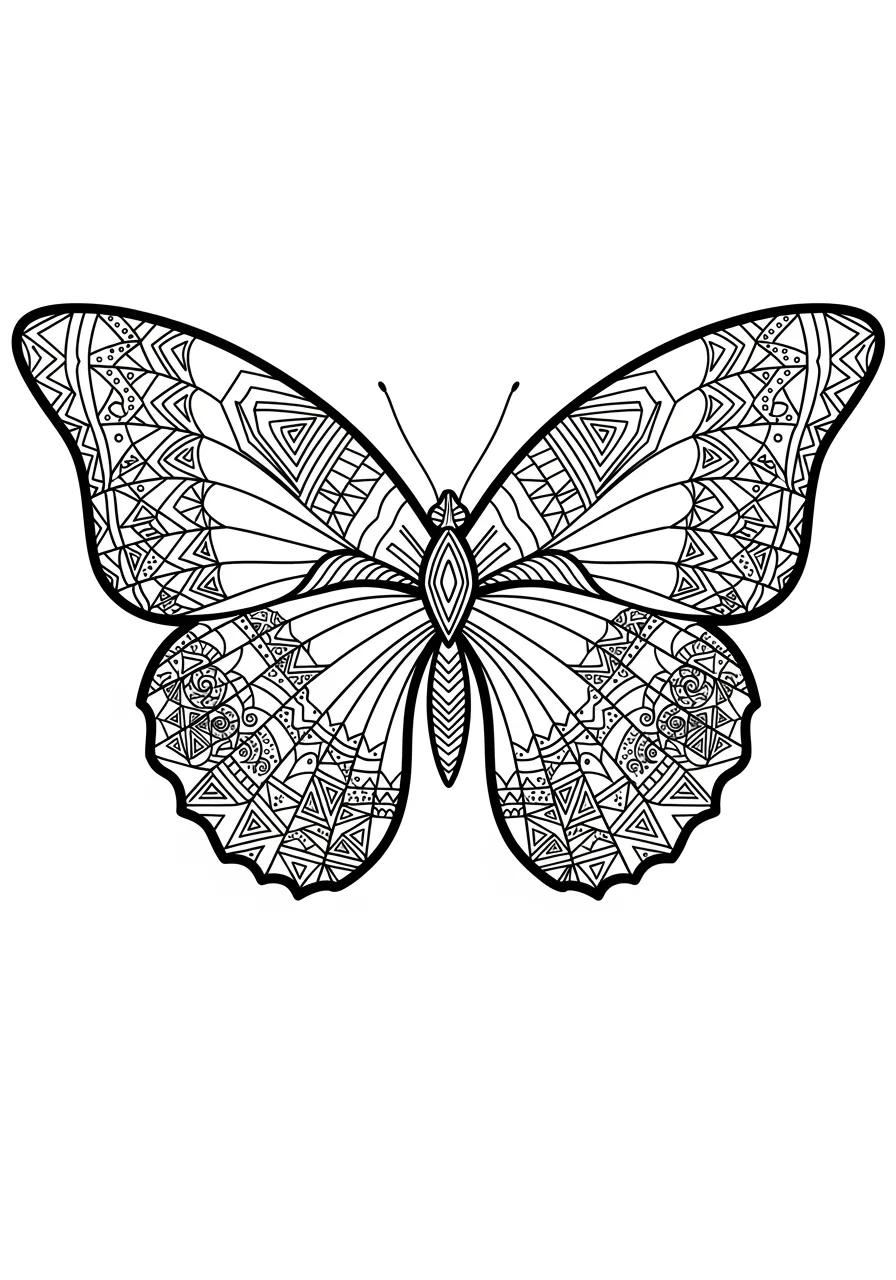 Geometric Butterfly Wings Art Coloring Page -- prompt: "black lines only A large butterfly centered on white background with bold black outlines, wings filled with geometric triangles, hexagons, spirals, and mathematical fractals, perfect for coloring, clean line art style with empty spaces ready for crayons flat black lines, premium coloring page, coloring sheet, line drawing, Coloring Book, NO COLOR, NO SHADING, WHITE BACKGROUND. NO GRAY, BLACK AND WHITE, NO COLOR" -- Perfect for adult colorists seeking a sophisticated challenge, this modern take on butterfly art features stunning geometric patterns within the wings. The mathematical precision of the design creates mesmerizing symmetrical shapes that invite experimentation with color gradients and intricate detailing. This contemporary butterfly design bridges the gap between nature and abstract art, offering endless creative possibilities.