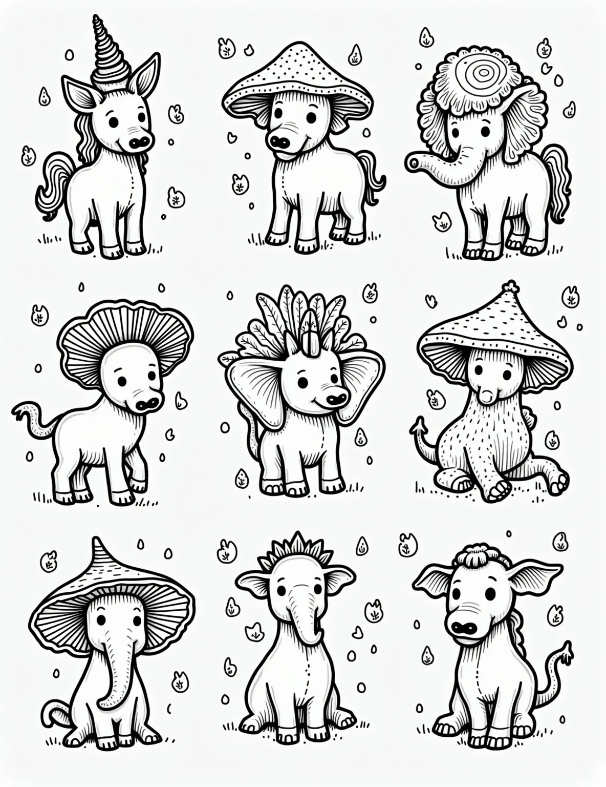 Mushroom-Capped Creatures -- prompt: "black lines only Playful coloring page featuring diverse animals and mythical beasts adorned with fanciful mushroom hairstyles. Bold outlines define each creature, from unicorns to elephants, their fungi crowns ranging from towering toadstools to delicate morels. Whimsical patterns fill empty spaces, inviting colorful creativity. flat black lines, premium coloring page, coloring sheet, line drawing, Coloring Book, NO COLOR, NO SHADING, WHITE BACKGROUND. NO GRAY, BLACK AND WHITE, NO COLOR" -- Enter a world where creatures sport mushroom caps instead of hair or hats! This whimsical coloring page features a variety of animals and mythical beings with mushrooms growing from their heads. It's a delightful blend of nature and fantasy that sparks imagination.