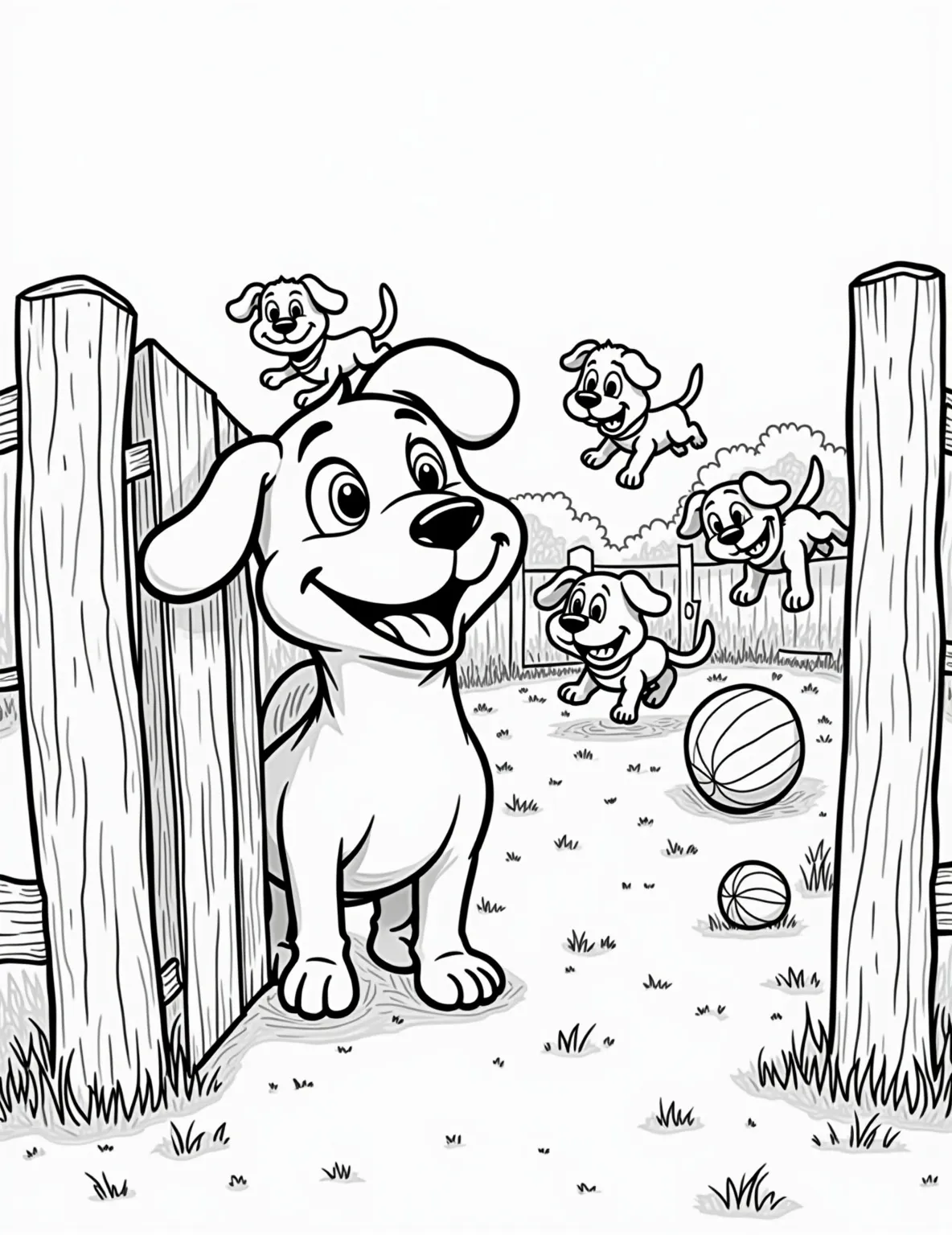 Puppy's First Day at the Dog Park Coloring Page -- prompt: "black lines only Adorable puppy with oversized ears and wide eyes peeks through gate. Inside, playful dogs navigate cartoon-style obstacles. Bold outlines define each element. Wagging tails, floppy tongues, and exaggerated expressions create a joyful scene. Simplified shapes and patterns perfect for coloring. flat black lines, premium coloring page, coloring sheet, line drawing, Coloring Book, NO COLOR, NO SHADING, WHITE BACKGROUND. NO GRAY, BLACK AND WHITE, NO COLOR" -- Experience the excitement of a puppy's first visit to the dog park with this charming coloring page. The wide-eyed pup stands at the entrance, tail wagging with anticipation as it observes other dogs playing on various equipment. This scene is perfect for young children learning about socialization and new experiences.