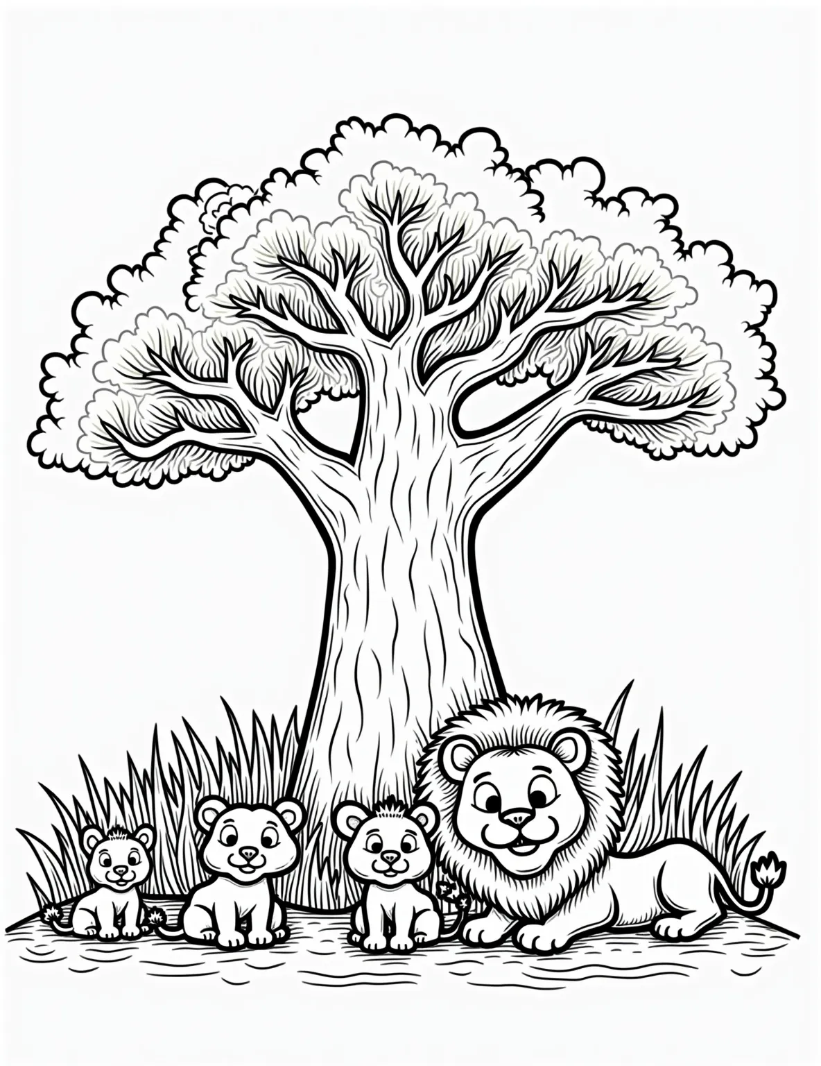 Lion Family Tree -- prompt: "black lines only Majestic baobab tree with thick, twisting branches. Lion family lounging on limbs: cubs playfully batting paws, lionesses grooming, proud male atop. Bold outlines, simplified shapes. Empty spaces for coloring. Savanna background hints. African wildlife scene ready for creative coloring fun. flat black lines, premium coloring page, coloring sheet, line drawing, Coloring Book, NO COLOR, NO SHADING, WHITE BACKGROUND. NO GRAY, BLACK AND WHITE, NO COLOR" -- This creative coloring page shows a large tree with various lion family members perched on its branches. From cubs to adults, each lion has a unique pose and expression. The tree's intricate patterns offer plenty of detail for coloring enthusiasts.