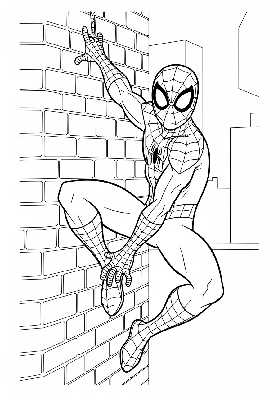Detailed Spiderman Wall-Crawling Coloring Page -- prompt: "black lines only Spiderman ascending red brick wall, bold black outlines, clean line art perfect for coloring, geometric web patterns across costume, dynamic climbing pose, simple background elements, cheerful superhero expression, kid-friendly cartoon style illustration flat black lines, premium coloring page, coloring sheet, line drawing, Coloring Book, NO COLOR, NO SHADING, WHITE BACKGROUND. NO GRAY, BLACK AND WHITE, NO COLOR" -- Perfect for adult colorists who enjoy intricate details, this design features Spiderman demonstrating his signature wall-crawling ability on a textured brick surface. The elaborate web patterns on his costume and the detailed brick texture provide hours of satisfying coloring opportunities. This sophisticated design celebrates one of Spiderman's most iconic abilities with artistic flair.