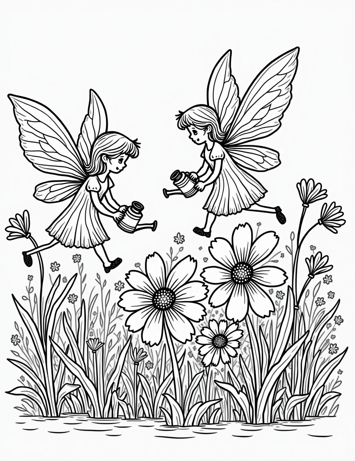 Fairy Gardeners at Work Coloring Page -- prompt: "black lines only Enchanted fairy gardeners with gossamer wings tend to enormous, exaggerated blooms. Coloring book outlines showcase delicate details: tiny watering cans, sparkling wands, and curling vines. Bold, simple shapes perfect for coloring. Whimsical scene captures magical garden wonder, inviting creative exploration. flat black lines, premium coloring page, coloring sheet, line drawing, Coloring Book, NO COLOR, NO SHADING, WHITE BACKGROUND. NO GRAY, BLACK AND WHITE, NO COLOR" -- Tend to a magical garden with this delightful fairy gardeners coloring page. Tiny fairies work together to plant seeds, water flowers, and coax seedlings to grow with their special fairy magic. This page celebrates the connection between fairies and nature, perfect for young nature lovers.