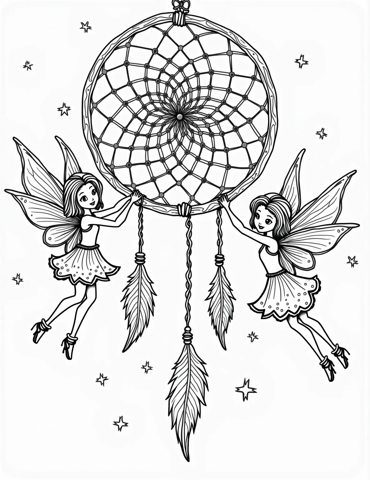 Fairy Dreamcatcher Weavers Coloring Page -- prompt: "black lines only Playful fairies with big wings and curly hair weave a giant dreamcatcher. Thick outlines define spider silk strands, fluffy feathers, and star-shaped charms. Simple shapes and patterns fill fairy dresses and dreamcatcher elements. Smiling faces and twinkling magic dust add cheerful energy. flat black lines, premium coloring page, coloring sheet, line drawing, Coloring Book, NO COLOR, NO SHADING, WHITE BACKGROUND. NO GRAY, BLACK AND WHITE, NO COLOR" -- Catch sweet dreams with this mystical fairy dreamcatcher weavers coloring page. Fairies work together to create a large dreamcatcher using spider silk, feathers, and magical charms. This page combines fairy lore with Native American-inspired imagery.