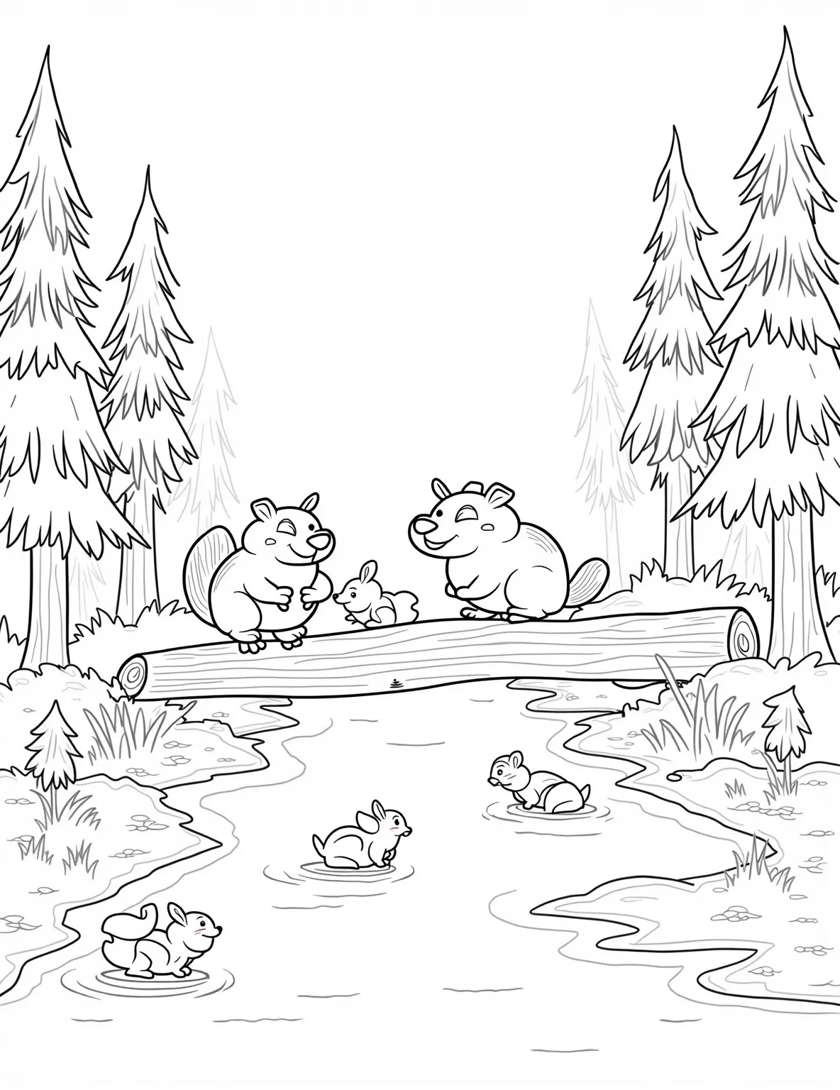 Busy Beaver Dam Builders Coloring Page -- prompt: "black lines only Chunky black outlines frame two adorable beaver characters, their buck teeth prominent. They're stacking logs in a zigzag pattern across a flowing stream. Surrounding them are simplified tree shapes, stylized fish, and cute woodland creatures. Bold, clean lines define each element, perfect for coloring. A fun forest scene awaits vibrant hues. flat black lines, premium coloring page, coloring sheet, line drawing, Coloring Book, NO COLOR, NO SHADING, WHITE BACKGROUND. NO GRAY, BLACK AND WHITE, NO COLOR" -- This industrious scene showcases beavers hard at work building their dam. The detailed landscape with trees, water, and the partially built dam offers a rich coloring experience. It's an excellent way to teach children about animal habitats and how some animals modify their environments.