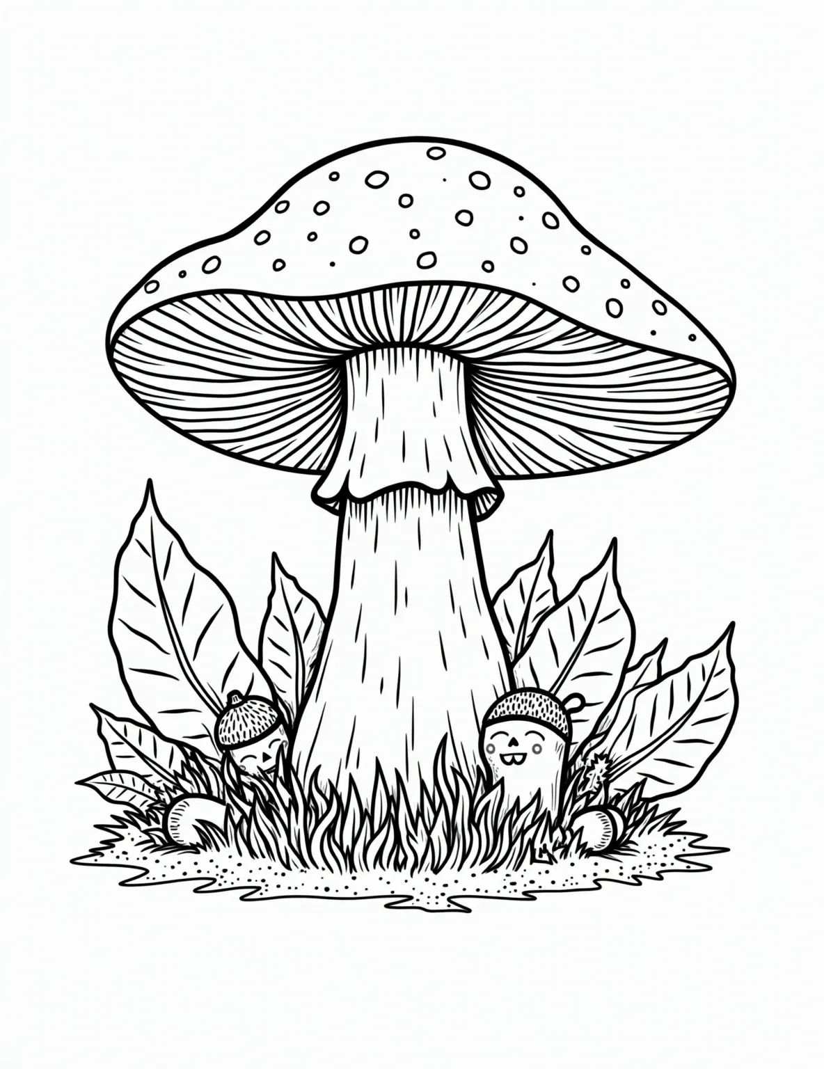 Realistic Portobello Mushroom -- prompt: "black lines only Playful coloring page featuring a giant portobello mushroom. Bold outlines define cap's rounded dome, wavy gills, and sturdy stem. Surrounding forest elements like leaves, acorns, and whimsical woodland creatures peek out. Empty spaces invite creative coloring, perfect for all ages. Enchanting fungi-themed art activity flat black lines, premium coloring page, coloring sheet, line drawing, Coloring Book, NO COLOR, NO SHADING, WHITE BACKGROUND. NO GRAY, BLACK AND WHITE, NO COLOR" -- For those who appreciate botanical accuracy, this coloring page presents a detailed illustration of a portobello mushroom. The large cap, delicate gills, and sturdy stem are all faithfully rendered, providing an excellent opportunity to practice shading and texture techniques.