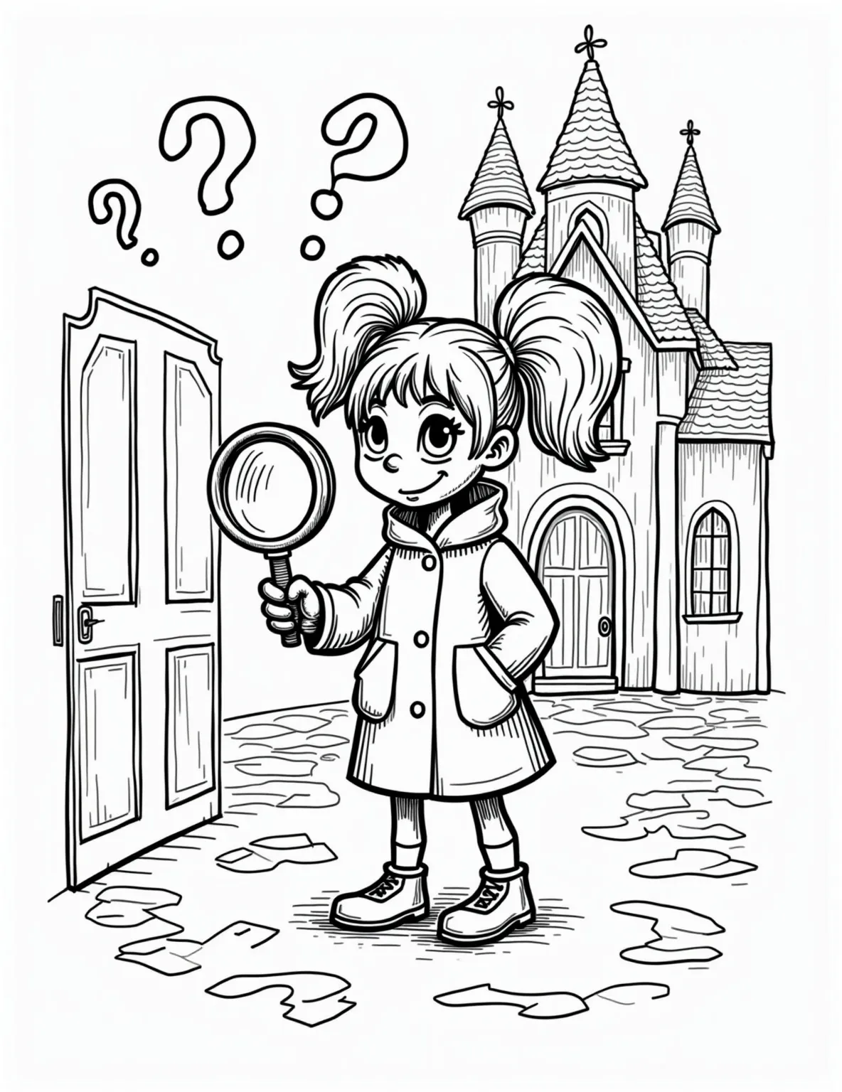 Detective Girl's Mystery Case -- prompt: "black lines only Coloring page: Curious girl detective with pigtails, oversized magnifying glass inspecting footprints. Notebook tucked under arm, surrounded by question marks. Mysterious mansion backdrop with secret passages. Bold outlines, simple shapes for easy coloring. Fun, playful style for young sleuths. flat black lines, premium coloring page, coloring sheet, line drawing, Coloring Book, NO COLOR, NO SHADING, WHITE BACKGROUND. NO GRAY, BLACK AND WHITE, NO COLOR" -- Solve the case with this intriguing detective girl coloring page. Our young sleuth is shown examining clues with her magnifying glass, her notebook at the ready. The background hints at a mysterious setting, perfect for sparking imagination.