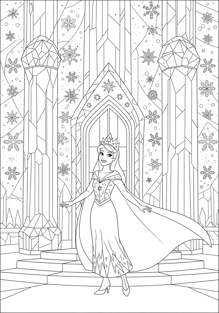 Ice Princess Winter Wonderland Coloring Page -- prompt: "black lines only Cheerful ice princess with flowing cape and crown stands gracefully in magical winter palace, surrounded by towering crystal columns, hanging icicle chandeliers, decorative snowflake motifs on walls, perfect for fun coloring book style coloring page flat black lines, premium coloring page, coloring sheet, line drawing, Coloring Book, NO COLOR, NO SHADING, WHITE BACKGROUND. NO GRAY, BLACK AND WHITE, NO COLOR" -- Enter a frosty fairy tale with this elegant ice princess standing in her crystalline winter palace surrounded by icicles and snowflakes. Her gown appears to be made of frost and ice crystals, creating stunning geometric patterns throughout the design. This sophisticated page challenges colorists to explore cool color palettes and intricate crystal formations.