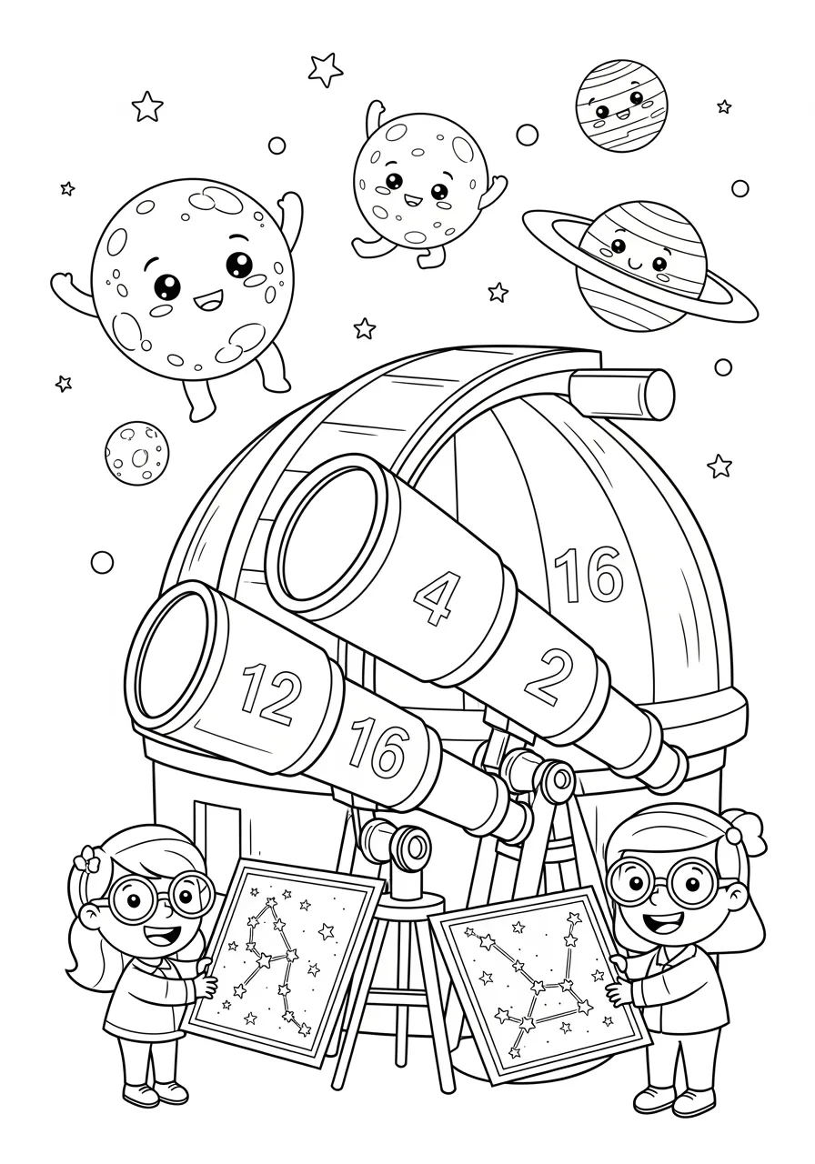 Number Observatory Stargazing Coloring Page -- prompt: "black lines only Fun coloring book page featuring a cheerful observatory dome with large numbered telescopes 1-26, smiling astronomers with big round glasses studying star charts showing constellation outlines, friendly cartoon celestial objects including moon and planets with faces floating above flat black lines, premium coloring page, coloring sheet, line drawing, Coloring Book, NO COLOR, NO SHADING, WHITE BACKGROUND. NO GRAY, BLACK AND WHITE, NO COLOR" -- Gaze into the cosmos at this astronomical observatory where telescopes are numbered 1 through 26 and star charts display numbered constellations. Astronomers point to numbered celestial objects while students learn about the numbered phases of the moon. This educational scene combines space exploration with mathematical learning.