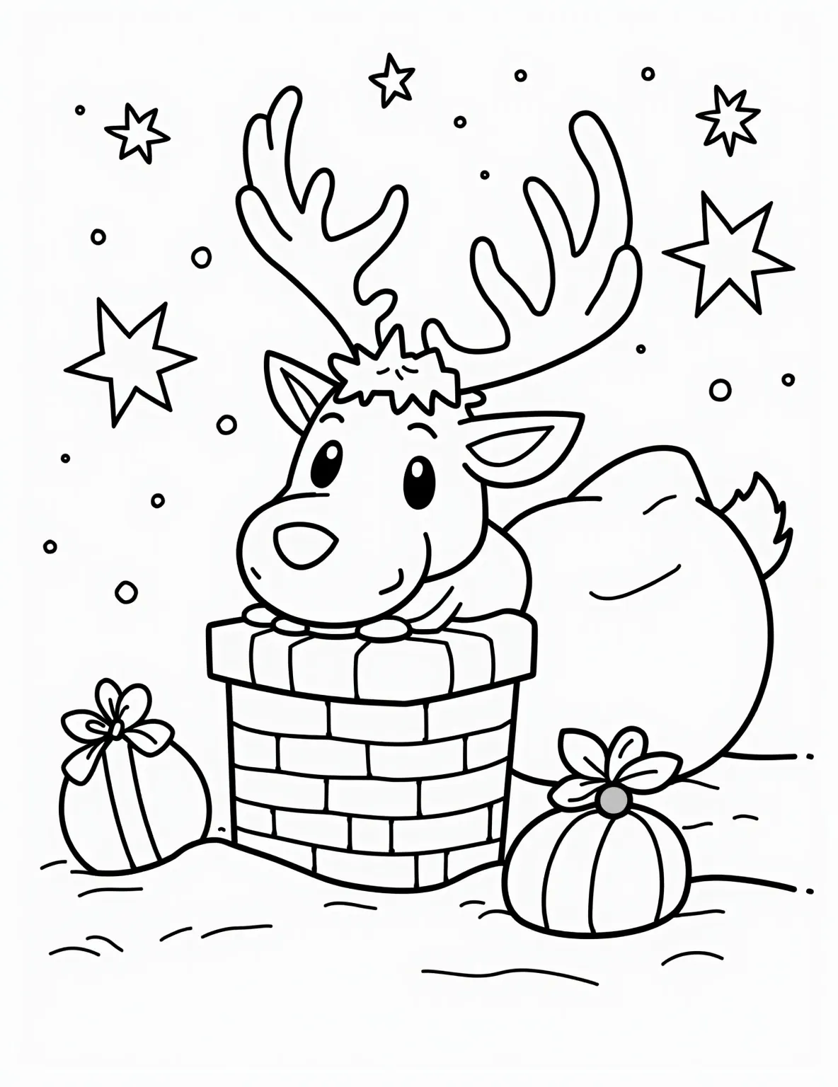 Rudolph's Toy Delivery Helper -- prompt: "black lines only Rudolph's red nose illuminates a cheerful coloring page. Bold outlines showcase him peering down a brick chimney, sack of toys slung over his back. Snowflakes, stars, and festive ornaments frame the scene. Santa's sleigh waits on the rooftop, ready for the next delivery. flat black lines, premium coloring page, coloring sheet, line drawing, Coloring Book, NO COLOR, NO SHADING, WHITE BACKGROUND. NO GRAY, BLACK AND WHITE, NO COLOR" -- This delightful coloring page shows Rudolph's softer side as he helps deliver toys on Christmas Eve. Pictured carefully carrying a sack of presents and peering into a chimney, Rudolph demonstrates that he's more than just a guide - he's Santa's true helper!