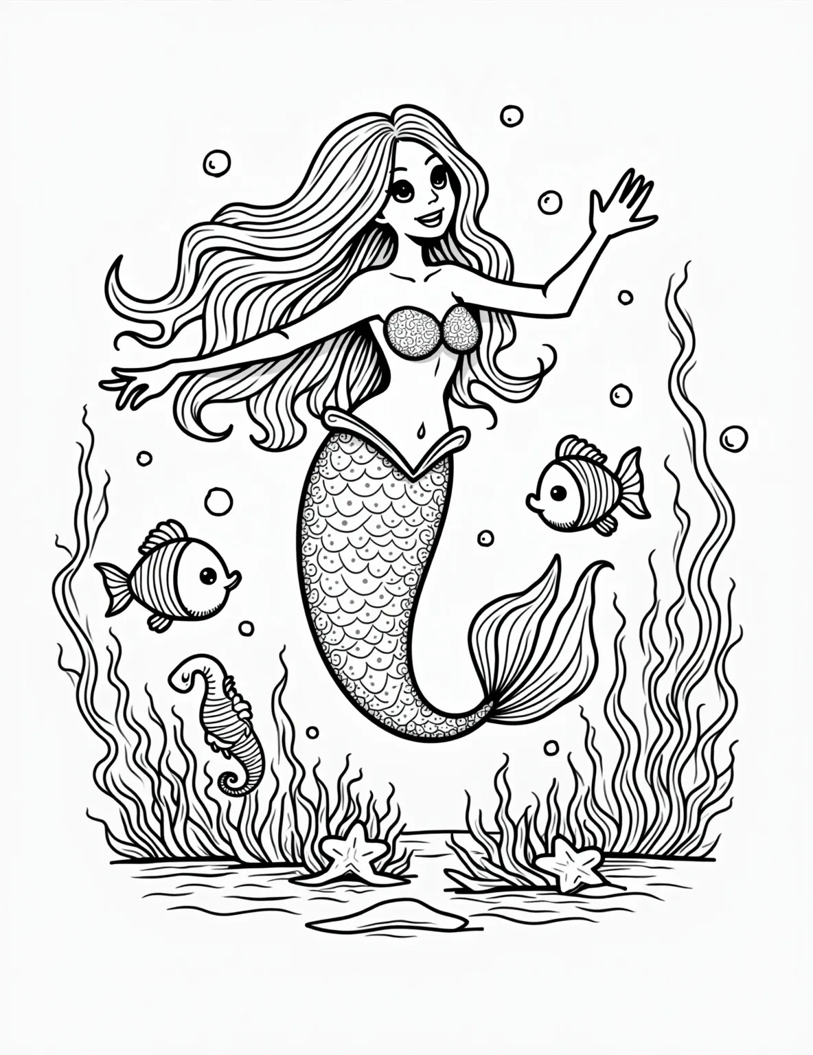 Mermaid Girl's Underwater Kingdom -- prompt: "black lines only Playful mermaid girl with flowing hair, swimming among vibrant coral reefs. Simplified outlines perfect for coloring. Smiling fish, starfish, and seahorses surround her. Seaweed and bubbles frame the scene. Large, bold shapes ideal for young artists. Cheerful underwater world awaits colorful creativity. flat black lines, premium coloring page, coloring sheet, line drawing, Coloring Book, NO COLOR, NO SHADING, WHITE BACKGROUND. NO GRAY, BLACK AND WHITE, NO COLOR" -- Dive into fantasy with this enchanting mermaid girl coloring page. The young mermaid is shown swimming among colorful coral reefs and friendly sea creatures. Her flowing hair and detailed tail fin offer plenty of creative coloring opportunities.