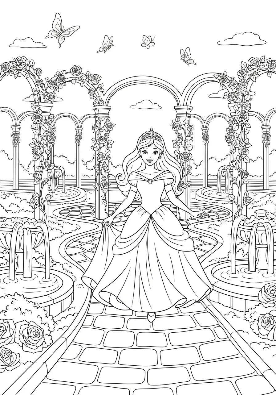Princess Exploring Secret Garden Coloring Page -- prompt: "black lines only Cheerful princess with flowing dress and crown discovers enchanted garden maze, bold black outlines define cobblestone paths winding between ornate fountains, roses climbing arched trellises, butterflies dancing overhead, perfect coloring book page design flat black lines, premium coloring page, coloring sheet, line drawing, Coloring Book, NO COLOR, NO SHADING, WHITE BACKGROUND. NO GRAY, BLACK AND WHITE, NO COLOR" -- Follow this curious princess as she discovers a hidden garden behind ivy-covered walls. Ancient stone pathways wind between exotic flowers and mysterious fountains. Climbing vines, hidden doorways, and magical creatures make this secret sanctuary a place of wonder and discovery.
