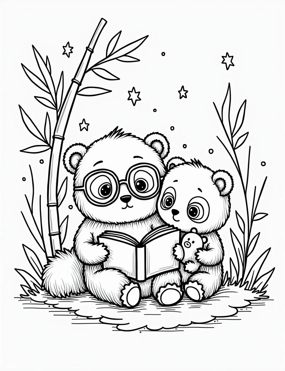 Panda's Bedtime Story Coloring Page -- prompt: "black lines only Adorable parent panda, wearing reading glasses, holds oversized storybook. Baby panda cub, wide-eyed, clutches bamboo teddy bear. Cozy den surrounded by thick-outlined bamboo stalks. Simple, bold lines perfect for coloring. Charming scene radiates warmth and family love. Stars twinkle through den opening. flat black lines, premium coloring page, coloring sheet, line drawing, Coloring Book, NO COLOR, NO SHADING, WHITE BACKGROUND. NO GRAY, BLACK AND WHITE, NO COLOR" -- Wind down with this cozy coloring page of a parent panda reading a bedtime story to its cub. The scene depicts a warm, nurturing moment set in a bamboo forest den. This page allows for soft, soothing color choices and the addition of details to the storybook and den interior.